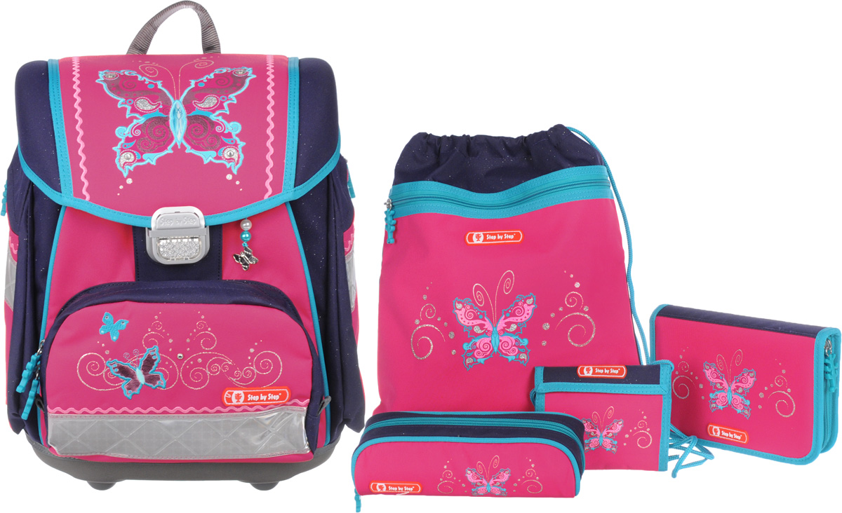 Hama Step by Step Ранец школьный Touch Butterfly Dancer с наполнением 4 предмета129071 Hama Step by Step Ранец школьный Touch Butterfly Dancer с наполнением 4 предмета129071Ранец с наполнением Hama Touch Butterfly Dancer имеет все, что необходимо ученику. Ранец закрывается на клапан с фастексом и имеет одно вместительное отделение, внутри которого располагается отделение для тетрадей, пришивной карман на молнии, прорезной карман на застежке-молнии и карабин для ключей. Также ранец оснащен карманом для тетрадей, который фиксируется хлястиком на липучке.Ранец также имеет два боковых кармана на молнии и передний карман на молнии с прокладкой из термальной фольги. Эргономическая спинка с мягкими, регулируемыми по высоте наплечными ремнями и нагрудный ремень обеспечивают максимальный комфорт. Жесткая каркасная конструкция защитит учебники и тетради, а ортопедическая спинка поможет формированию правильной осанки.Ранец оформлен изображениями сверкающих бабочек, а также дополнен светоотражающими элементами. Под клапаном расположен вкладыш для расписания уроков и хлястики для фиксации пенала.Прочное пластиковое основание с увеличенными ножками защитит дно от влаги и грязи.В комплект также входят кошелек, пенал с наполнением, пенал овальный без наполнения; мешок для обуви со шнурком-кулиской и карманом на молнии. Наполнение пенала включает в себя 19 цветных карандашей, простой карандаш, ластик, линейку, угольник, точилку.