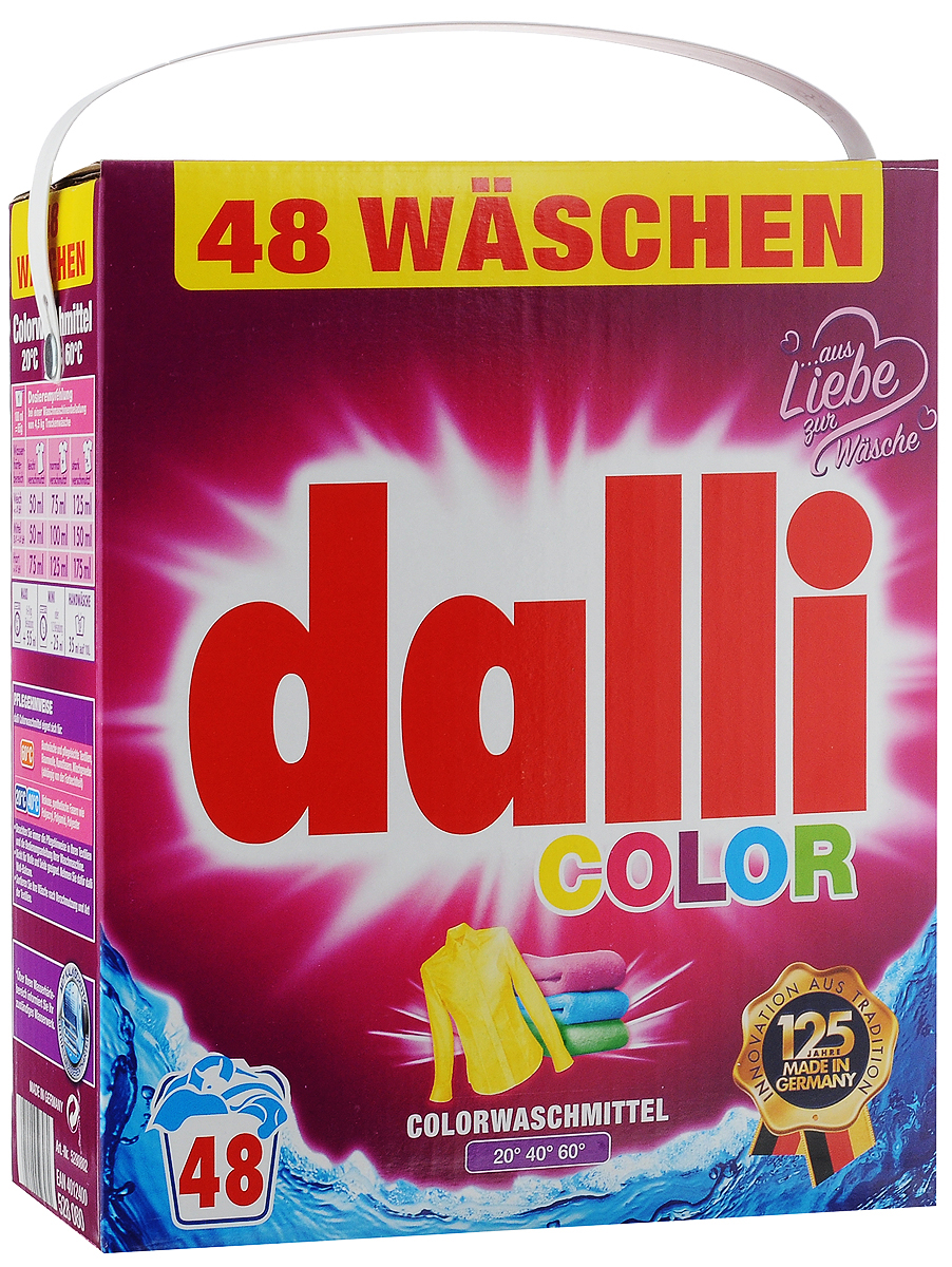 Стиральный порошок Dalli Color, для цветных тканей, 3,12 кг528080 Стиральный порошок Dalli Color, для цветных тканей, 3,12 кг528080Стиральный порошок Dalli Color с активной системой долговременной защиты цвета надежно предохраняет цветные ткани от выцветания, потери яркости и насыщенности окраски, предотвращает смешивание красок. Цвета даже после многочисленных стирок остаются интенсивными и сияющими. Средство обладает безупречным отстирывающим показателем, удаляет даже застарелые трудновыводимые загрязнения. Порошок подходит как для ручной, так и для машинной стирки в воде любой жесткости при температуре от 20 до 60°С. Добавление средства для уменьшения жесткости воды не требуется. Порошок придает белью и одежде приятный аромат свежести. Не содержит отбеливателей и оптических осветлителей. Рекомендуется использовать для хлопка, искусственных волокон, смесовых тканей, вискозы, синтетических волокон (полиакрил, полиамид, полиэстер). Не рекомендуется применять для шерсти и шелка.Одна упаковка рассчитана на 48 стирок. Товар сертифицирован.
