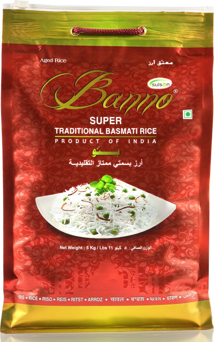 Banno Super Traditional басмати рис, 5 кгBSUT5 Banno Super Traditional басмати рис, 5 кгBSUT5Супер традиционный рис басмати со своеобразной пушистостью, выдержка риса 1 год, длина риса в приготовленном виде 15,42 мм.