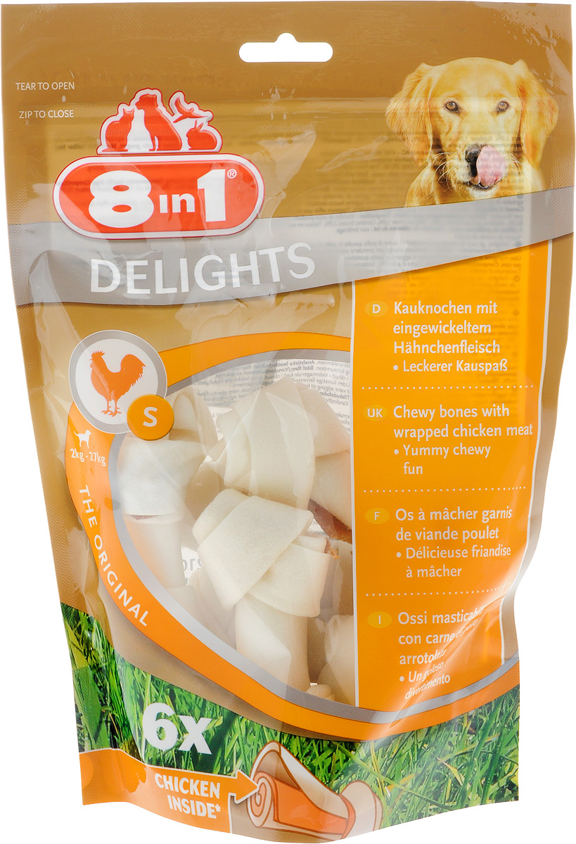 Лакомство 8 in 1 Delights S, для собак мелких и средних пород, 210 г102564 Лакомство 8 in 1 Delights S, для собак мелких и средних пород, 210 г1025648 in 1 Delights S - аппетитные жевательные косточки для собак из натуральной курятины и говяжьей кожи. Лакомство мягко и эффективно очищает зубной налет, делая зубы вашего питомца белыми и чистыми. Кости содержат всего 2% жира, и не имеют в своем составе усилителей вкуса, поэтому безопасны для животного. Кроме того, лакомство массажирует десны, усиливая кровоток к корням зубов. Рекомендуется для собак массой от 2 до 27 кг. Специальная упаковка предохраняет лакомства от ухудшения вкусовых качеств и они всегда остаются ароматными и хрустящими! Средний размер косточки: 6 см х 11 см.Товар сертифицирован.