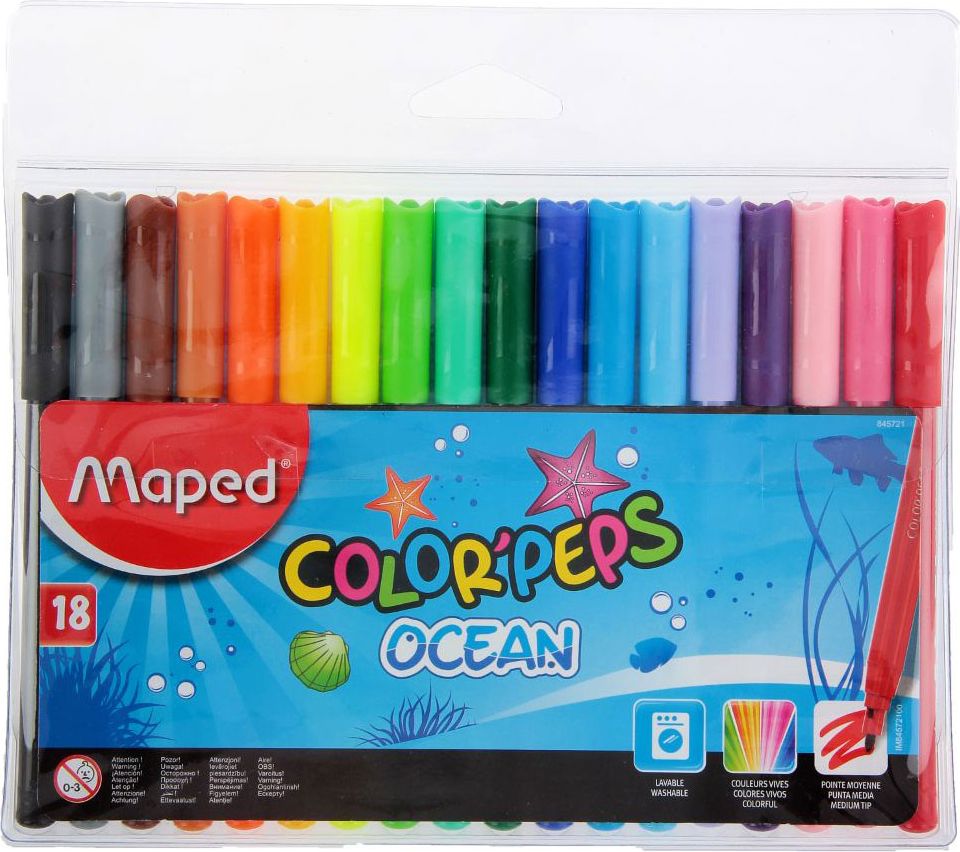 Maped Набор фломастеров ColorPeps Ocean смываемые 18 цветов1223773 Maped Набор фломастеров ColorPeps Ocean смываемые 18 цветов1223773Фломастеры Maped ColorPeps Ocean непременно понравится вашему юному художнику. Фломастеры легко смываются с рук и отстирываются. Пластиковый корпус и вентилируемый колпачок предохраняют чернила от преждевременного высыхания, что гарантирует длительный срок службы. Фломастеры подходят как для рисования, так и для письма.