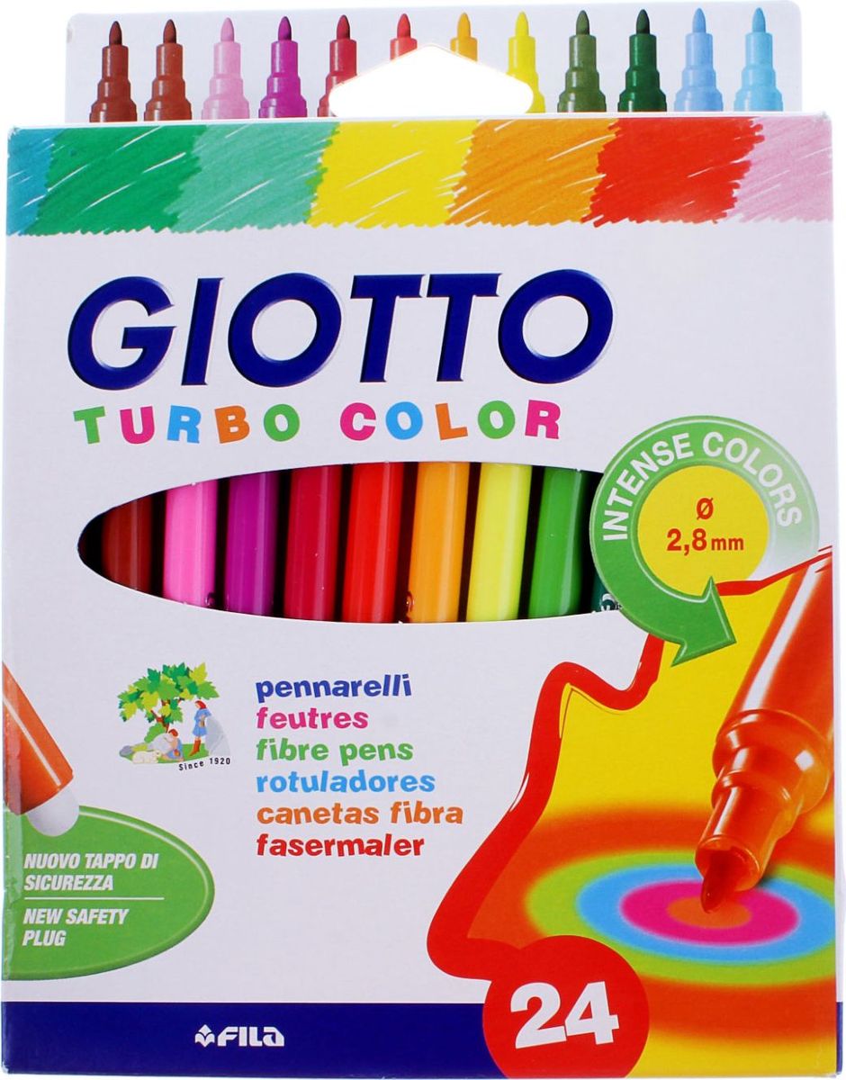 Giotto Набор фломастеров Turbo Color 24 цвета505604 Giotto Набор фломастеров Turbo Color 24 цвета505604AST APP 24 GIOTTO TURBO COLOR 24 цв. Фломастеры. Вентилируемый колпачок, фетровый наконечник. Чернила на водной основе. Легко отстирываются и смываются с рук. Открытый фломастер может храниться больше месяца. Яркие насыщенные цвета.