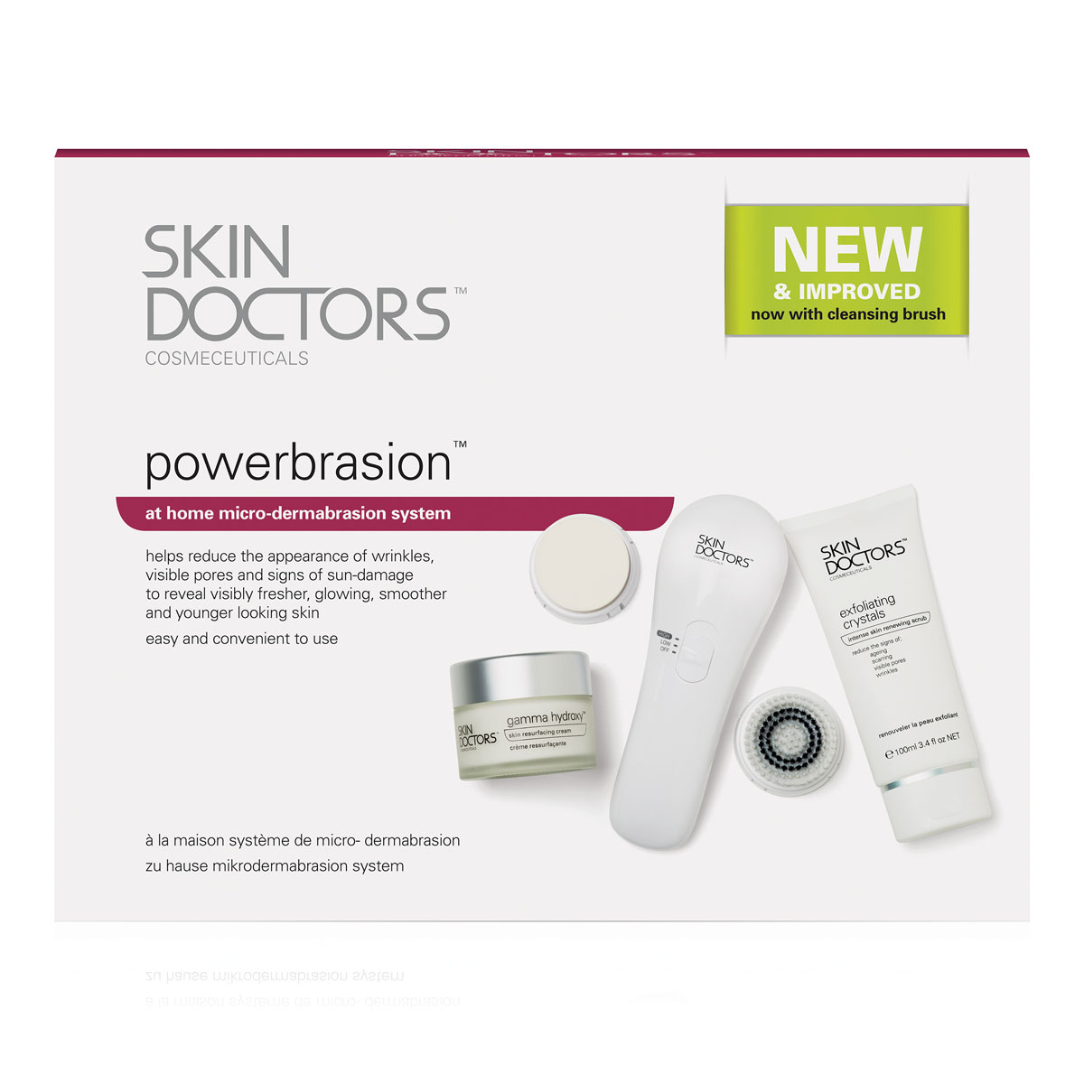 Skin Doctors Полная система для микродермабразии в домашних условиях PowerBrasion2523 Skin Doctors Полная система для микродермабразии в домашних условиях PowerBrasion2523Powerbrasion Micro-Dermabrasion Accelerator Unit - Аппарат для микро-дермабразии.Глубокое отшелушивающее воздействие высокотехнологичного, многофункционального скраба дополнительно усиливается за счет применения аппарата для микродермабразии. Вибрирующие головки этого компактного, работающего от батарейки устройства распределяют кристаллы скраба по обрабатываемой поверхности кожи, интенсифицируя тем самым эффект эксфолиации. Массажное действие аппарата для микро-дермабразии также способствует улучшению кровообращения, благодаря чему к поверхности кожи поступает больше питательных компонентов, и кожа выглядит лучше. Exfoliating Crystals - скраб интенсивный для обновления кожи, 100 мл. Ороговевший и тусклый верхний слой отмерших клеток устраняется под воздействием глубокого пилинга, осуществляемого высокотехнологичными шлифующими кристаллами. Мульти-активный и вместе с тем очень щадящий скраб содержит микроинкапсулированные прутики из оксида алюминия (Корунд), таким образом Вы получаете все достоинства эффективного пилинга без жесткого воздействия или повреждения Вашей кожи. Так же содержит Масло Австралийского Чайного дерева, обладающего многими целебными свойствами, увлажняющие компоненты и антиоксиданты, защищающие кожу от негативного воздействия окружающей среды.Gamma Hydroxy - обновляющий крем против рубцов, морщин, различных нарушений пигментации и других видимых признаков увядания кожи лица, 50 мл.После удаления верхнего слоя открывается молодая сияющая кожа. Но на этом процесс омоложения не заканчивается. Для получения действительно впечатляющих результатов требуется химически активный пилинг-эксфолиант, воздействующий также на более глубокие кожные слои. С этим заданием отлично справляется крем для обновления поверхности кожи Gamma Hydroxy. Крем содержит гликолевую, молочную, салициловую кислоты, благодаря которым он имеет непревзойденный отшелушивающий и регенерирующий эффект. Щетка очищающая (насадка)1шт, мягкий отшелушивающий спонж 1 шт.Товар сертифицирован.