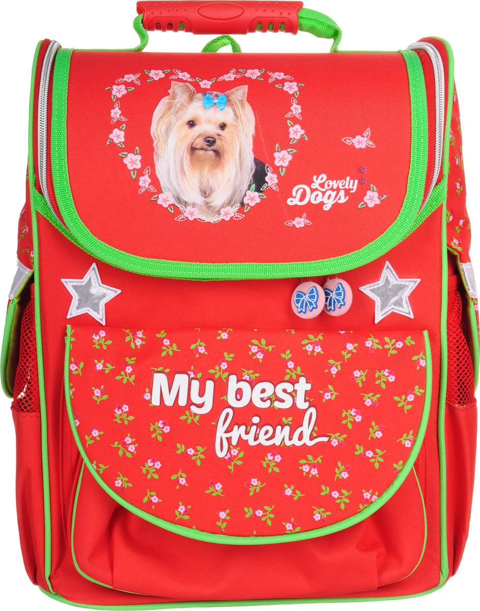 Hatber Ранец школьный Balance Best FriendsNRk_06803 Hatber Ранец школьный Balance Best FriendsNRk_06803Эргономичный школьный ранец Hatber Balance Best Friends предназначен для детей младшегошкольного возраста.Изделие выполнено из полиэстера и оформлено изображением йоркширского терьера. Несмотря на свою легкость, ранец очень вместителен. Жесткий каркас и анатомическая форма спинки способствуют равномерному распределению нагрузки, формированию правильной осанки. Ранец имеет одно основное отделение, закрывающееся сверху клапаном на застежку-молнию. Внутри расположен 1 открытый карман-сетка, снаружи - 3 кармана (один из них расположен на лицевой стороне, а два других - сбоку). Ранец оснащен удобной ручкой для переноски в руке.