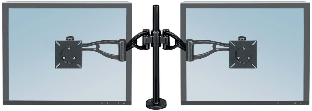 Fellowes FS-80417 кронштейн для 2 мониторовFS-80417 Fellowes FS-80417 кронштейн для 2 мониторовFS-80417Кронштейн для двух мониторов Professional SeriesШирокие возможности регулировки положения экрана позволяют найти максимально комфортное положение экрана для обзора.Кронштейн крепится легко и быстро – вам не понадобятся специальные приспособления для этого.Приподнимает монитор над поверхностью стола на высоту от 88 мм до 419 мм, соответственно нижняя часть монитора располагается минимально на расстоянии 63 мм от поверхности стола, максимально – 686 мм.Угол наклона экрана вверх или вниз регулируется на +/- 37°, вправо или влево экран вращается на 360°.Крепление кронштейна подходит для столешниц толщиной от 25 мм до 76 мм. Если крепление кронштейна осуществляется через специальное отверстие в столе для коммуникаций – его минимальный диаметр должен составлять 82 мм. Дополнительный инструмент для крепления не требуется.Соответствует стандарту креплений VESA. Подходит для мониторов весом до 10 кг каждый.