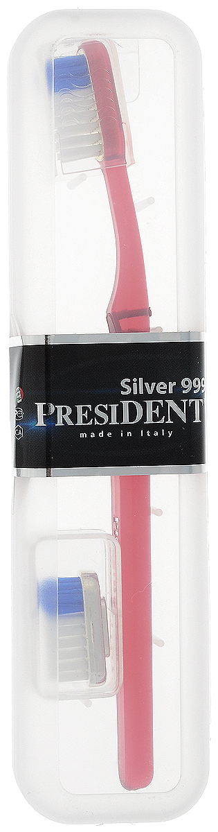 President Зубная щетка Silver 999, со сменной головкой, средняя жесткость, цвет: красный1012_красный President Зубная щетка Silver 999, со сменной головкой, средняя жесткость, цвет: красный1012_красныйЗубная щетка President Silver 999 средней жесткости- это уникальная зубная щетка, которая помогает не только чистить зубы, но и борется с бактериями. Головка щетки покрыта серебром 999 пробы, которое при контакте с водой обеспечивает бактерицидное действие на патогенную микрофлору, вызывающую кариес и воспаление десен. Серебряное покрытие гарантирует естественный длительный процесс самодезинфекции самой щетины. Щетина Tynex от DuPont обеспечивает тщательное удаление налета и бережное отношение к эмали. В комплект входит защитный чехол и дополнительная сменная головка. Товар сертифицирован.