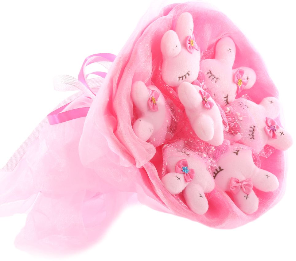 Букет из игрушек Toy Bouquet Зайчата, цвет: розовый, 7 игрушекRW004-7-41 Букет из игрушек Toy Bouquet Зайчата, цвет: розовый, 7 игрушекRW004-7-41Букет из 7 милых зайчиков упакован в мягкую струящуюся органзу с добавлением флористической сетки, перевязан широкой атласной лентой с добавлением серебристой парчовой тесьмы.Мягкие игрушки, оформленные в букет – приятный подарок для любимой, для мамы, подруги или для ребенка. Оригинальные букеты торговой марки Toy Bouquet из мягких игрушек прекрасно подойдут для многих праздников: День Святого Валентина, 8 марта, день рождения, выпускной, а также на другие памятные даты или годовщины.