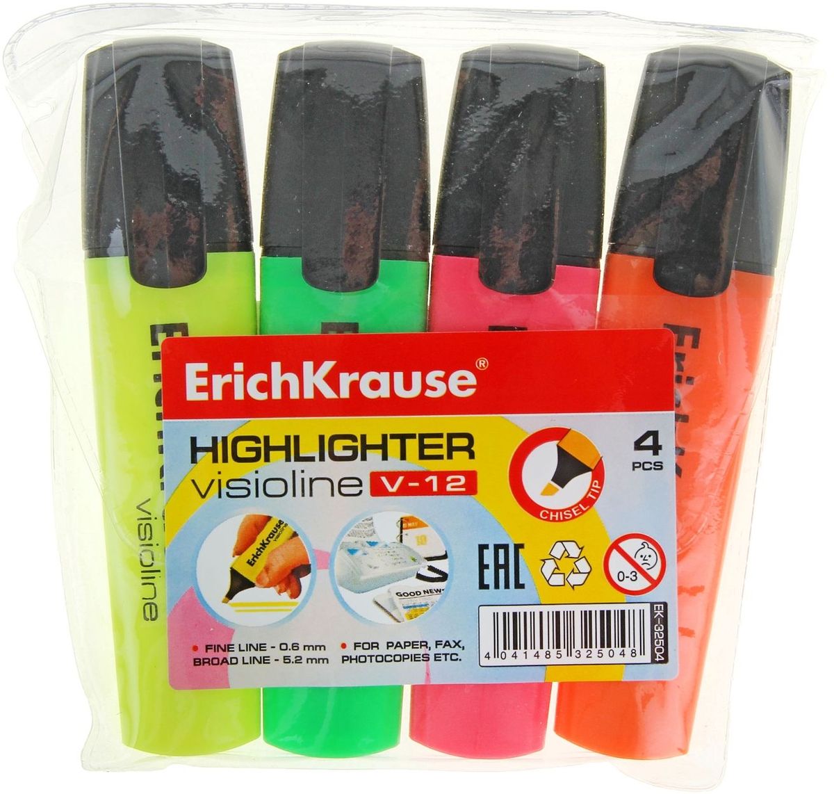 Erich Krause Текстовыделитель 4 цвета1013848 Erich Krause Текстовыделитель 4 цвета1013848Текстовыделитель Erich Krause предназначен для работы с текстом на всех типах бумаги, в том числе на бумаге для факсов и копировальных машин. Скошенный пишущий узел обеспечивает многофункциональность: широкое перо 5.2 мм удобно для выделения текста, а тонкое 0.6 мм - для подчеркивания. Длина непрерывной линии 655 м. Заправлен флуоресцентными чернилами на водной основе. Быстро высыхают после нанесения. Не просвечиваются через бумагу.Набор состоит из 4 цветов: желтый, зеленый, розовый, оранжевый.