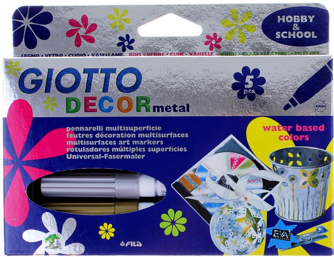 Giotto Набор маркеров для декора Decor Metallic 5 цветов505624 Giotto Набор маркеров для декора Decor Metallic 5 цветов505624Рисовать фломастерами - для детей огромное удовольствие. Любой рисунок становится живым и насыщенным благодаря качественным фломастерам. Кроме того, они способствуют развитию детской моторики и раскрывают творческий потенциал малыша. Фломастеры для декора, чернила металлик – отлично зарекомендовали себя среди детей и взрослых. Они идеально подходят для рисования благодаря своей яркой и сочной палитре, легко отстирываются от одежды и кожи, а также имеют прочный пластиковый корпус и пишущий узел.