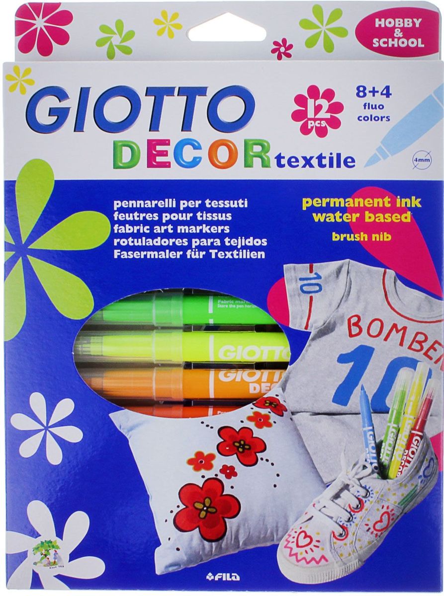 Giotto Набор маркеров для ткани Decor Textile 12 цветов505628 Giotto Набор маркеров для ткани Decor Textile 12 цветов505628Перманентные маркеры Giotto Decor Textile предназначены для декора ткани. Для закрепления эффекта обязательно пройтись поверх рисунка горячим утюгом без пара. Фетровый наконечник. Чернила на водной основе, без запаха.