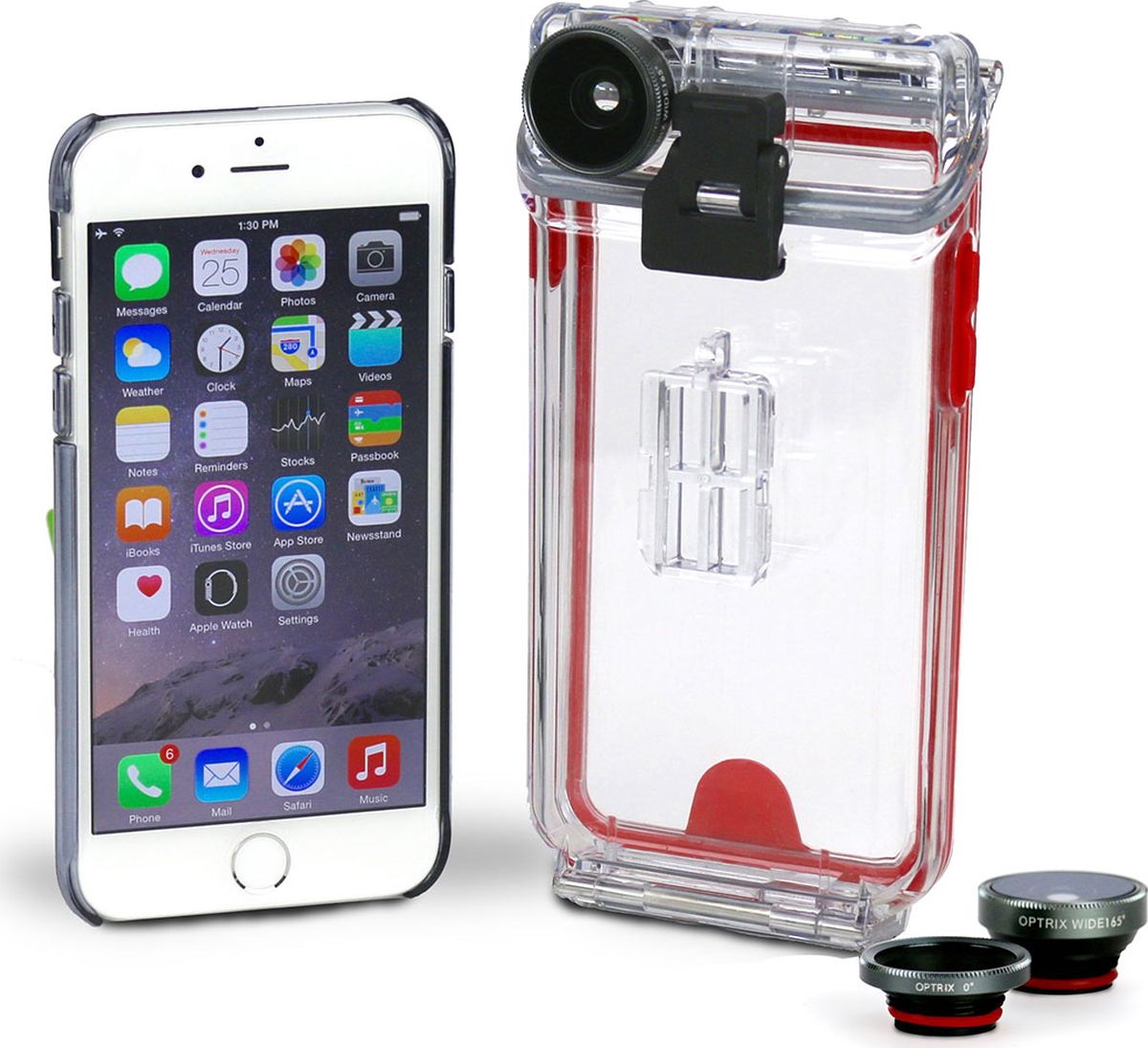 Optrix Photo, Clear Red набор для фотосъемки для iPhone 6/6sFS-94767 Optrix Photo, Clear Red набор для фотосъемки для iPhone 6/6sFS-94767Набор для создания уникальных фотографий и видео при помощи вашего iPhone.Ультралегкий защитный корпус обеспечит сохранность устройства в любых экстремальных условиях, тогда как сменные линзы значительно расширят возможности его камеры. Чехол Optrix для iPhone отличается точно сконструированной и надежной конструкцией, превращающей ваш iPhone в полноценную экшн-камеру: съемка во время сплава по реке, велопрогулки, катания на лыжах, пляжного отдыха - все это возможно теперь при помощи вашего iPhone! • 100% водонепроницаемость при погружении на глубину до 10 м (соответствует стандарту IP68);• Ударопрочность: выдерживает падение с высоты до 6,1 м (соответствует стандарту MIL-STD-810G);• Сверхпрочный корпус, сохраняющий весь функционал смартфона;• Специальная защитная мембрана сохраняет все свойства сенсорного экрана устройства;• Подходит к широкому ассортименту креплений;• 2 сменных объектива (алюминий/стекло).