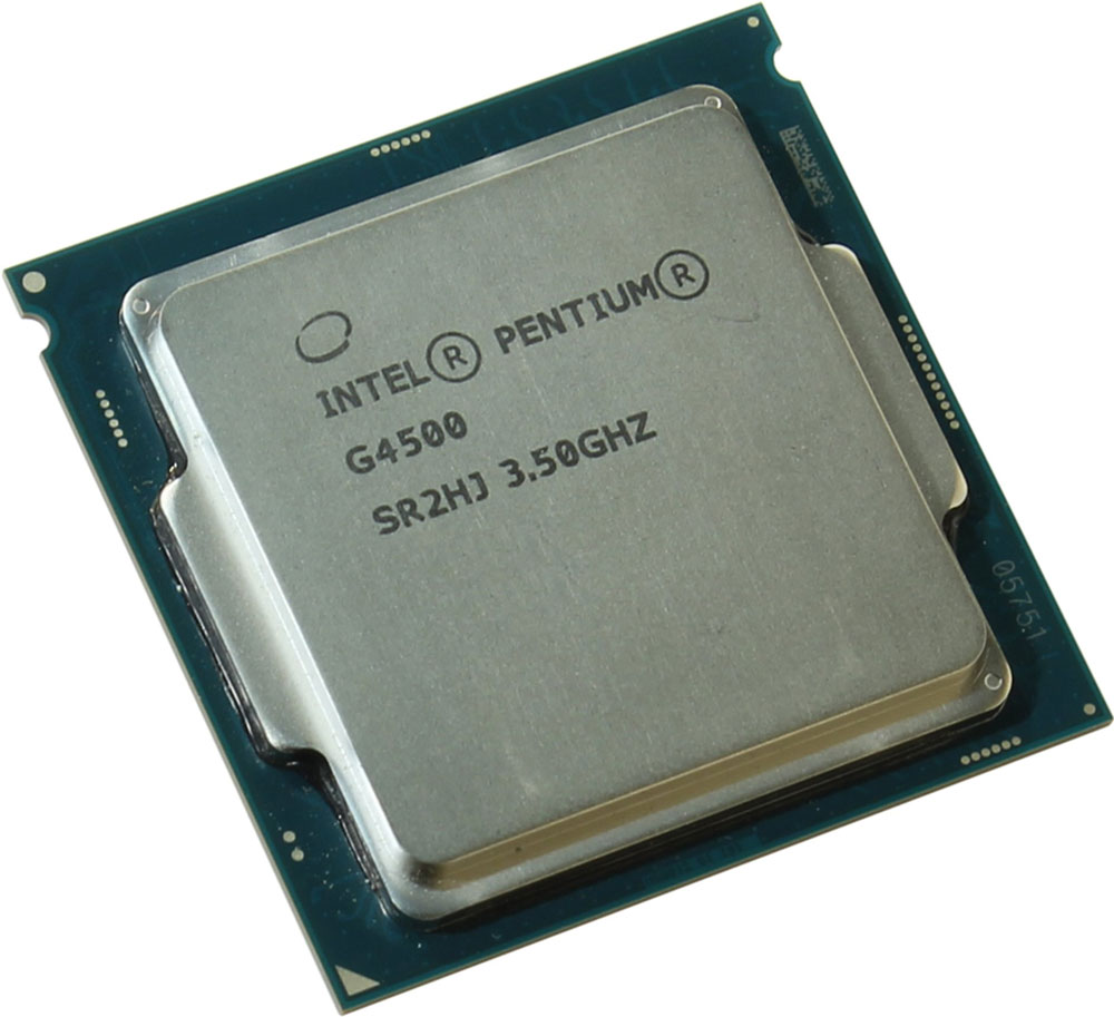 Intel Pentium G4500 процессор323419 Intel Pentium G4500 процессор323419Pentium G4500 - процессор для настольных персональных компьютеров, основанных на платформе Intel.В основе лежит архитектура Skylake, что позволяет оптимизировать работу двух ядер, функционирующих на частоте 3500 МГц. Дополнительное быстродействие обеспечивается кэш-памятью третьего уровня объемом 3072 КБ. Обработка изображения перед демонстрацией его на мониторе ПК осуществляется графическим процессором Intel HD Graphics 530.Для двусторонней передачи данных между Pentium G4500 и оперативной памятью компьютера предусмотрен встроенный контроллер, поддерживающий модули размером до 64 ГБ. Также в данной модели установлены контроллер PCI-E 3.0 и системная шина DMI 3.0, которые используются для связи с другими элементами ПК.