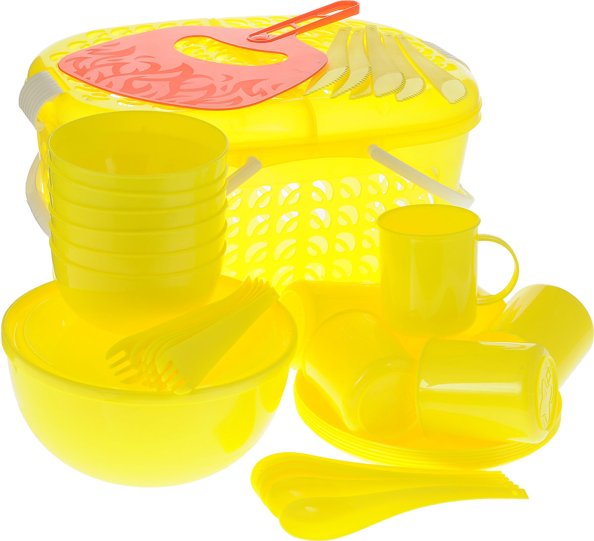 Набор для пикника Plastic Centre, цвет: желтый, красный, 41 предметПЦ1842ЛМН Набор для пикника Plastic Centre, цвет: желтый, красный, 41 предметПЦ1842ЛМННабор для пикника Plastic Centre, выполненный из высококачественного полипропилена, рассчитан на 6 персон. В набор входят корзина-переноска с крышкой, большой салатник с крышкой, веер для раздувания, 6 маленьких салатников, 6 тарелок, 6 кружек, 6 вилок, 6 ложек и 6 ножей. Набор для пикника Plastic Centre - это все, что нужно для организации загородной поездки. Легкую посуду удобно взять с собой. Яркие цвета и привлекательный дизайн создадут уютную атмосферу и дополнят радостные моменты на природе. Прочный пластик подходит для многократного использования. Корзина-переноска скрышкой и удобными ручками позволит вместить не только сам набор, но и еду для пикника. Набор для пикника Plastic Centre обеспечит полноценный отдых на природе для большой компании или семьи. Объем большого салатника: 2,5 л.Диаметр большого салатника (по верхнему краю): 20,5 см.Высота большого салатника: 10 см.Объем маленького салатника: 550 мл.Диаметр маленького салатника (по верхнему краю): 12,5 см.Высота маленького салатника: 6 см.Диаметр тарелки: 20 см.Высота тарелки: 1,5 см.Объем кружки: 200 мл.Диаметр кружки (по верхнему краю): 7,5 см.Высота кружки: 8,5 см.Длина вилки: 18,5 см.Размер рабочей части вилки: 5,5 х 3 см.Длина ложки: 18,5 см.Размер рабочей части ложки: 6 х 3,5 см.Длина ножа: 19 см.Размер рабочей части ножа: 6,5 х 3 см.Размер корзины-переноски (без учета ручек и крышки): 37 х 27 х 21 см.Размер веера для раздува огня: 20 х 30,5 см.