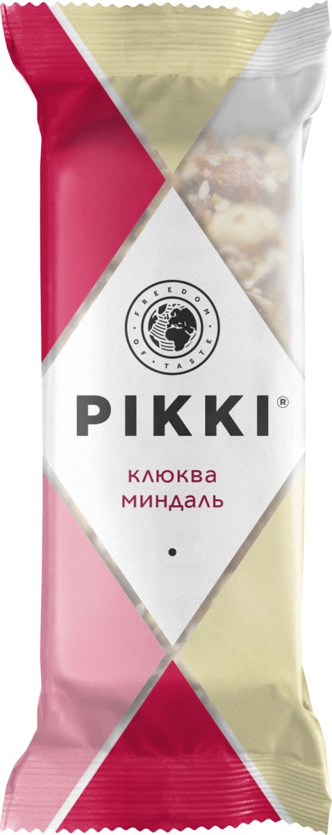 Pikki Клюква-Миндаль батончик орехово-фруктовый, 35 гУТ040810398 Pikki Клюква-Миндаль батончик орехово-фруктовый, 35 гУТ040810398Натуральные ингредиенты без консервантов, красителей, усилителей вкуса, классическая плоская упаковка, которую удобно взять с собой, и приятный хруст - вот залог популярности хрустящих батончиков Pikki.