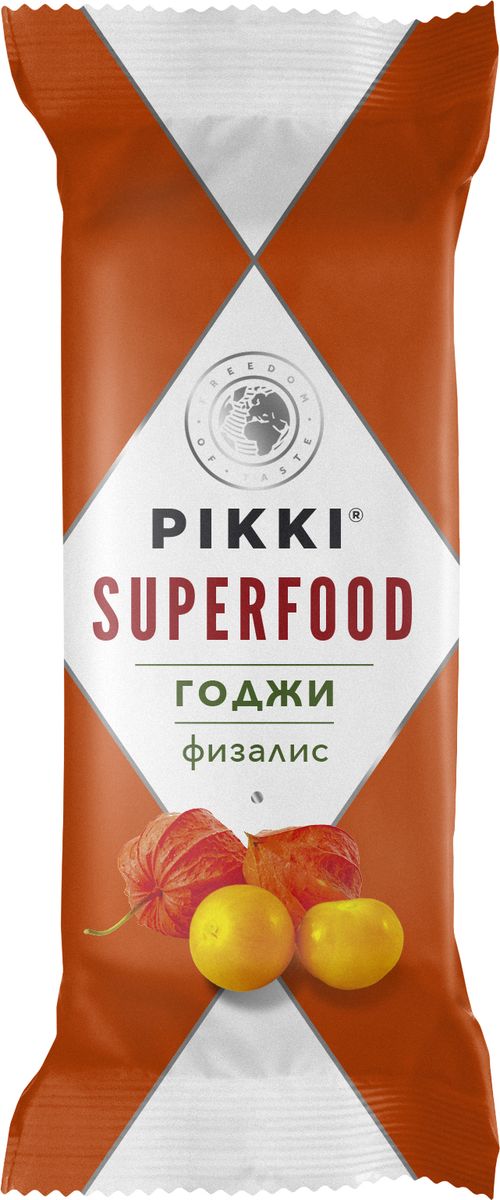 Pikki Годжи-Физалис батончик орехово-фруктовый, 35 гУТ040810394 Pikki Годжи-Физалис батончик орехово-фруктовый, 35 гУТ040810394Ягоды годжи – легендарные китайские ягоды долголетия, веками использовавшиеся для защиты печени, улучшения зрения и стимуляции иммунной системы и циркуляции крови. Они богаты минералами и аминокислотами, витаминами В1, В2, В6 и Е и в них в 100 раз больше витамина С, чем в апельсинах. Плоды физалиса, которые добавлены в этот батончик вместе с финиками, изюмом, семенами подсолнечника и миндалем богаты микроэлементами и органическими кислотами, нормализующими кислотно-щелочной баланс, а также антиоксидантами и клетчаткой.