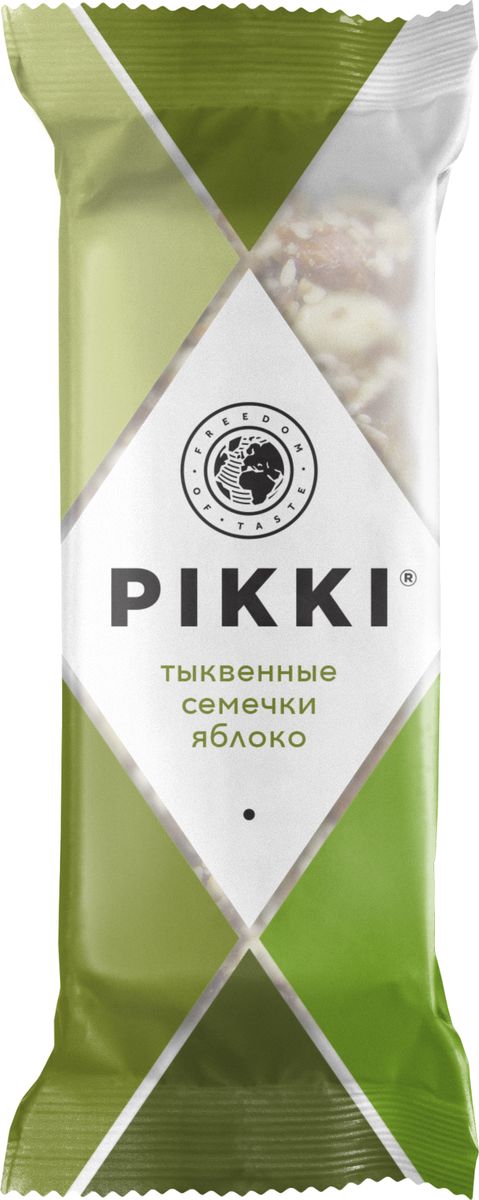 Pikki Тыквенные семечки-Яблоко батончик орехово-фруктовый, 35 гУТ040810401 Pikki Тыквенные семечки-Яблоко батончик орехово-фруктовый, 35 гУТ040810401Натуральные ингредиенты без консервантов, красителей, усилителей вкуса, классическая плоская упаковка, которую удобно взять с собой, и приятный хруст - вот залог популярности хрустящих батончиков Pikki.