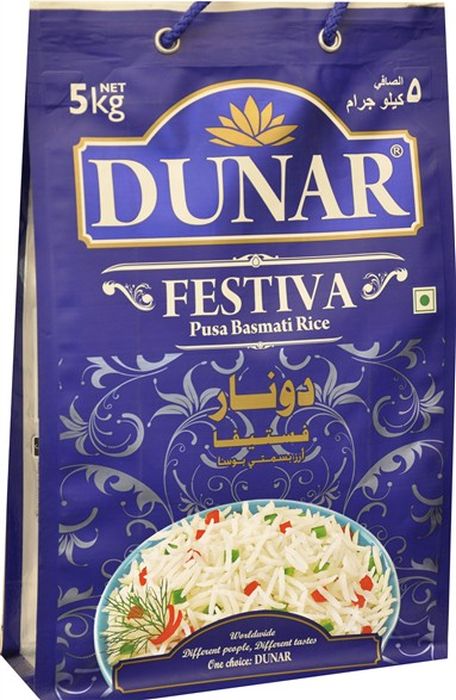 Dunar Festiva воздушный басмати рис, 5 кгДунар 19 Dunar Festiva воздушный басмати рис, 5 кгДунар 19Самый воздушный рис басмати, выдержка риса 2 года, длина риса в приготовленном виде 15,5 мм.