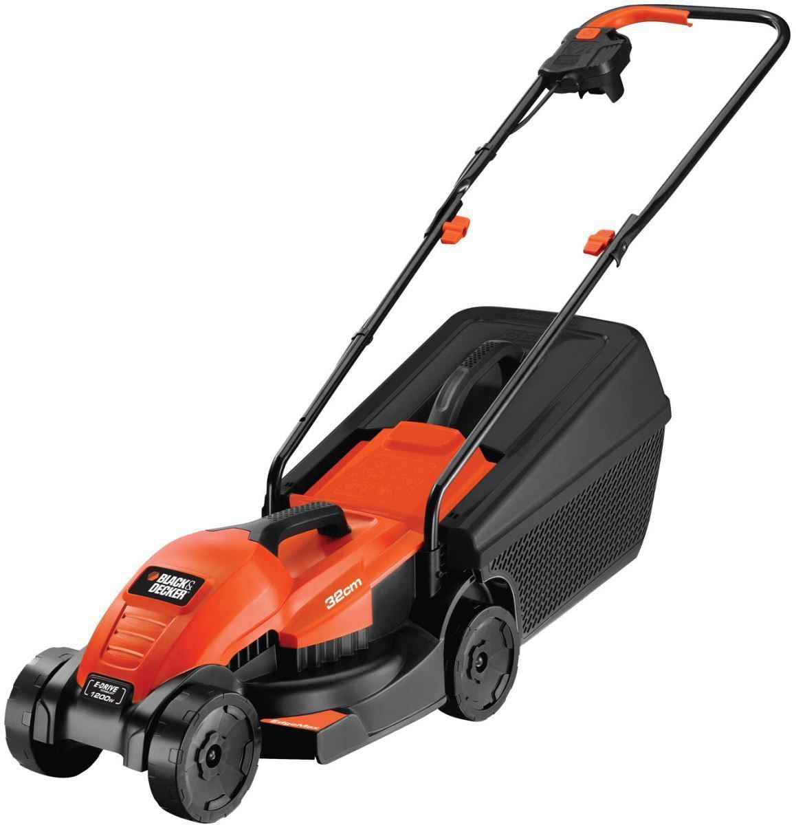 Газонокосилка Black&Decker EMAX32, электрическаяEMAX32 Газонокосилка Black&Decker EMAX32, электрическаяEMAX32Газонокосилка Black&Decker EMAX32 - быстрый способ получить привлекательно выглядящий газон. Мощный двигатель позволяет без усилий резать высокую и/или толстую траву. Эргономичная конструкция упрощает огибание препятствий.Особенности:EdgeMax: выкашивает траву вплотную к бордюрам.E-Drive: высокий крутящий момент, высокопроизводительная режущая система стрижет высокую и влажную траву.При меньших размерах 35 л травосборника в него вмещается больше травы, тем самым сокращается время на опустошение.Встроенная корпусная рукоятка для легкой переноски и удобства.Низкопрофильная конструкция для удобства выкашивания травы под кустами, скамейками.Быстро складывающаяся рукоятка для компактности.ErgoSwitching. Удобный, эргономичный неутомляющий выключатель.Технические характеристики:Ширина реза: 32 см.Мощность: 1200 Вт.Режущая система: роторная/металлические ножи.Режущий механизм: E-Drive.Емкость травосборника: 35 л.Позиции регулировки высоты: 20, 40, 60 мм.Установки высоты: 3.Материал корпуса: ударопрочный пластик.Вибрация: Акустическая мощность: 96 дБ(А).