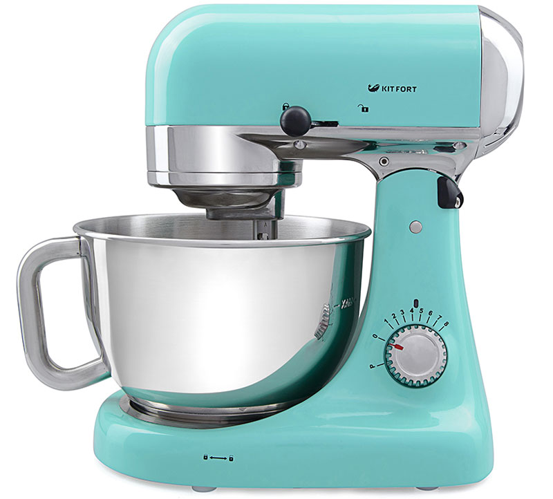 Kitfort КТ-1325-3, Turquoise миксер планетарныйКТ-1325-3 Kitfort КТ-1325-3, Turquoise миксер планетарныйКТ-1325-3Миксер Kitfort КТ-1325 оснащен планетарной системой смешивания: во время работы насадка вращается вокруг своей оси и одновременно движется по окружности по внутреннему объему чаши, обеспечивая идеальное качество смешивания и ровную консистенцию без комков. Надежный двигатель высокой мощности позволяет быстро и эффективно смешивать ингредиенты разной консистенции для самых разнообразных кулинарных целей. Встроенный вентилятор принудительно охлаждает двигатель потоком воздуха, так что он не перегреется при работе на высоких скоростях или при замешивании крутого теста. Нескользящие ножки с присосками прочно фиксируют миксер на столе.Миксер может работать в полностью автоматическом режиме. Вам достаточно только положить ингредиенты, надеть насадку и включить прибор. Дальше он будет работать сам. Не нужно ничего держать в руках, как в случае ручного миксера или блендера, и, пока миксер работает, вы можете заниматься другими делами.Прибор позволяет плавно регулировать скорость от минимума до максимума. Импульсный режим служит для кратковременного включения миксера на максимальную скорость. При включении скорость вращения увеличивается постепенно, чтобы предотвратить разбрызгивание ингредиентов.Kitfort КТ-1325 оснащен чашей с большой и удобной ручкой. Форма насадок и чаши подобраны так, что при любом количестве продуктов насадка не оставляет их по краям не перемешанными.Насадки и чаша миксера изготовлены из нержавеющей стали, они прочные и долговечные и позволяют смешивать даже горячие ингредиенты. Чаша прочно закрепляется на моторном отсеке и укомплектована защитной крышкой с загрузочной горловиной. Крышка предотвращает разбрызгивание ингредиентов при замешивании. А через горловину можно добавлять ингредиенты во время работы, не выключая миксер и не поднимая моторный отсек.Прибор оснащен хорошо продуманной системой безопасности. Он автоматически выключится, если откинуть моторный отсек. Если при этом регулятор скорости стоит не на нуле, то при возвращении моторного отсека в исходное положение мотор не включится, а для включения придется сначала перевести регулятор в нулевое положение, а затем выставить скорость. В закрытом и откинутом положении моторный отсек фиксируется, так что перевести его из одного положения в другое возможно только при переведении ручки в нужное положение. Если вы забыли про включенный миксер, он выключится автоматически через 30 мин при скоростях 1-3 и через 10 мин при скоростях 4-8.