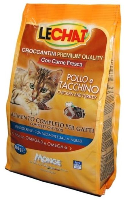 Консервы Monge Lechat Cat, для кошек, с курицей и индейкой, 400 г70061810 Консервы Monge Lechat Cat, для кошек, с курицей и индейкой, 400 г70061810Консервы Monge Lechat Cat - сбалансированный консервированныйкорм для кошек, который разрабатывался для кошек. Его регулярное употребление имеет массу достоинств, так как питомцы:Получают необходимую энергию через полноценное питание;становятся веселыми и игривыми;радуют хозяев здоровой и блестящей шерстью.Анализ компонентов: сырой белок 30%, сырые масла и жиры 12%, сырая зола 9,5%, сырая клетчатка 2,5%, магний 0,12%, кальций 2,5%, фосфор 1,5%, омега-6 2,38%, омега-3 0,40%.Пищевые добавки: витамин А (как ретинол ацетат) 22000 МЕ, витамин D3 (как кальциферол) 1600МЕ, витамин Е (альфа-токоферол ацетат) 120 мг/кг, таурин 1343 мг/кг, холина хлорид 2200 мг/кг, DL-метеонин 6500 мг/кг, сульфат марганца моногидрат 60 мг/кг (марганец 20 мг/кг), оксид цинка 125 мг/кг (цинк 90 мг/кг), сульфат меди пентагидрат 30 мг/кг (меди 7,8 мг/кг), сульфат железа моногидрат 215 мг/кг (железа 65 мг/кг), селенит натрия 0,30 мг/кг (селен 0,12 мг/кг), йодат кальция безводный 1,60 мг/кг (йод 1 мг/кг).Технологические добавки: антиоксиданты.Энергетическая ценность: 374 ккал/100г. Злаки, мясо и мясные субпродукты (свежее мясо курицы мин. 5%, свежее мясо индейки мин. 5%), масла и жиры (масло лосося 0,5%), овощи, рыба и рыбные субпродукты, минералы, дрожжи (маннаноолигосахариды (МОС) 500 мг/кг), фруктоолигосахариды (ФОС) 500 мг/кг, юкка Шидигера 1000 мг/кг.Корм должен быть доступен кошке без ограничения количества. Она будет съедать ровно столько, сколько необходимо её организму для поддержания оптимального веса. При избыточном весе и/или наличии других клинических проблем, рекомендуется ограничивать суточную норму корма в соответствии с рекомендациями вашего ветеринарного врача и/или следовать приведенной на упаковке таблице. ВАЖНО, чтобы у животного всегда был свободный доступ к свежей и чистой воде. Новый корм рекомендуется вводить постепенно, увеличивая его количество каждый день до полного замещения им старого корма приблизительно через неделю.