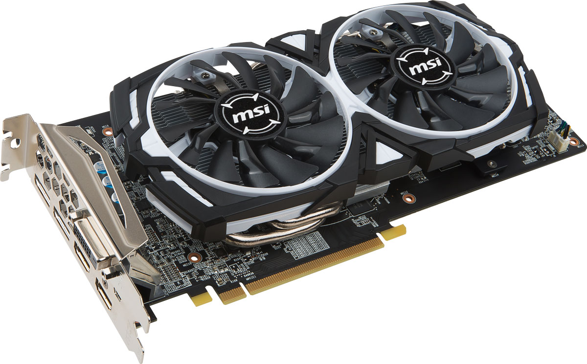 MSI Radeon RX 580 Armor OC 4GB видеокартаRX 580 ARMOR 4G OC MSI Radeon RX 580 Armor OC 4GB видеокартаRX 580 ARMOR 4G OCЧетвертое поколение архитектуры GCN разработано специально для геймеров, предпочитающих как MOBA, так и игры категории AAA. Асинхронные шейдеры и улучшенный механизм геометрии открывает новые высоты игровой производительности с видеокартой MSI Radeon RX 580 Armor OC.Испытайте новые ощущения от погружения в мир виртуального гейминга и развлечений вместе с графической картой MSI Radeon RX 580 Armor OC с революционной архитектурой Polaris.Положите конец лагам геймплея и разрывам изображения. Отсутствие артефактов и плавный геймплей практически при любой частоте кадров. Улучшенный контраст и цветопередача обеспечивают яркое и насыщенное изображение.Будь стильным вместе с уникальными графическими картами MSI Radeon RX 580 Armor OC. Унаследовав дизайн Armor Shield, видеокарты выполнены в стильном черно-белом цвете. Идеальное решение для геймеров и кейс моддеров, которые ищут уникальный продукт для своих работ. Именно здесь гейминг встречает класс.Система охлаждения ARMOR 2X имеет два вентилятора MSI TORX. Благодаря запатентованному дизайну, вентиляторы MSI TORX обеспечивают великолепное охлаждение, оставаясь при этом невероятно тихими.Традиционные лопасти вентилятора направляют воздушный поток непосредственно на радиатор охлаждения.Дисперсионные лопасти вентилятора увеличивают нисходящий поток и эффективнее рассеивают тепло.Впервые представленная в 2008 году технология MSI ZeroFrozr не осталась незамеченной, в то время как сейчас, она уже успела стать индустриальным стандартом. Суть технологии заключается в управлении вентиляторами, которые полностью останавливаются при отсутствии нагрузки. Таким образом, вы можете полностью сосредоточиться на игре, не отвлекаясь на шум вентиляторов.Под стильным кожухом и двумя вентиляторами скрывается массивный радиатор с огромным количеством алюминиевых ребер охлаждения, рассеивающих тепло от графического процессора. Медные тепловые трубки имеют хороший тепловой контакт с радиатором, что способствует эффективному охлаждению. Алюминиевые ребра охлаждения в купе с технологией Airflow Control максимально эффективно рассеивают тепло, идущее от тепловых трубок.MSI Afterburner - это самое популярное приложение в мире для разгона графических карт, которое позволяет получить полный контроль над видеокартой. Утилита также позволяет получать исчерпывающую информацию об аппаратной части вашего ПК, производить настройку работы вентиляторов, осуществлять запись видео и выполнять тестирование.