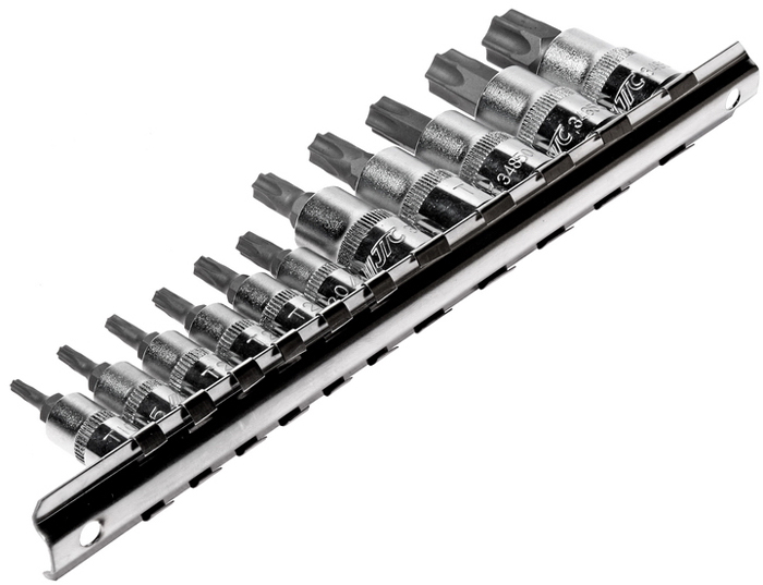 JTC Набор головок торцевых с насадкой TORX. JTC-3902JTC-3902 JTC Набор головок торцевых с насадкой TORX. JTC-3902JTC-3902В комплекте: Размеры под ключ 1/4 Dr. - Т-10Н, Т-15Н, Т-20Н, Т-25Н, Т-27Н, Т-30Н. Размеры под ключ 3/8 Dr. - Т-40Н, Т-45Н, Т-50Н, Т-55Н, Т-60Н.Головки изготовлены из закаленной хром-ванадиевой стали. Полированная поверхность. В набор входит планка крепления и хранения головок. Габаритные размеры: 270/100/20 мм. (Д/Ш/В) Вес: 420 гр.