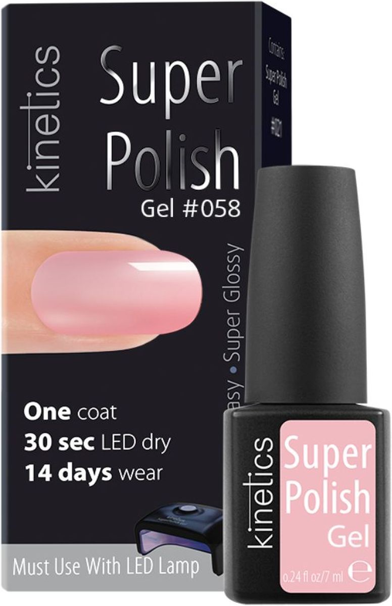 Kinetics Однофазный гель-лак Super Polish, 7 мл, тон 058KGSP058 Kinetics Однофазный гель-лак Super Polish, 7 мл, тон 058KGSP058Однофазный гель-лак работает быстрее, чем любой лак или гель-лак. Вся процедура нанесения с сушкой - около 10 мин. Не требует базового и верхнего покрытия. Наносится как обычный лак для ногтей - в один простой шаг. Полимеризуется 30 секунд в LED-лампе или 2 минуты в UV-лампе. Ногти выглядят натурально и без лишнего объема. Экономит время и бюджет. Достаточно 10 минут для создания маникюра с Super Polish стойкостью до 14 дней! Идеальное снятие, не повреждает ногти.