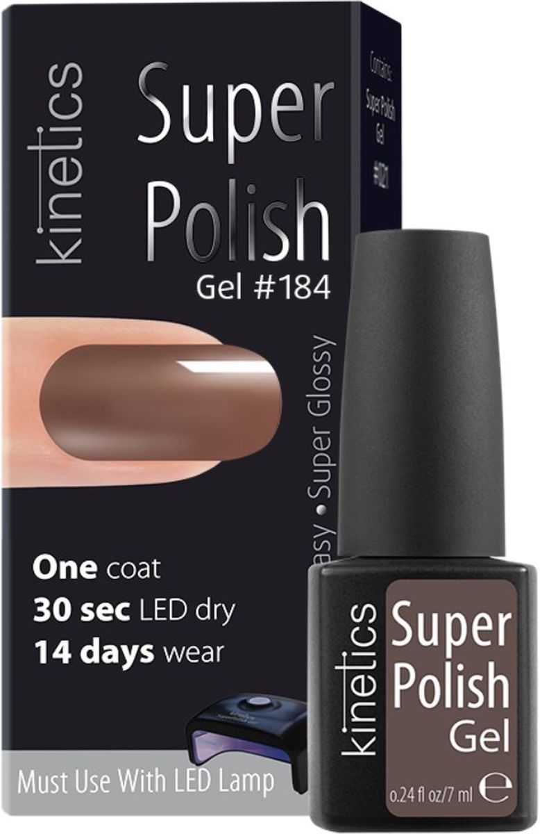 Kinetics Однофазный гель-лак Super Polish, 7 мл, тон 184KGSP184 Kinetics Однофазный гель-лак Super Polish, 7 мл, тон 184KGSP184Однофазный гель-лак работает быстрее, чем любой лак или гель-лак. Вся процедура нанесения с сушкой - около 10 мин. Не требует базового и верхнего покрытия. Наносится как обычный лак для ногтей - в один простой шаг. Полимеризуется 30 секунд в LED-лампе или 2 минуты в UV-лампе. Ногти выглядят натурально и без лишнего объема. Экономит время и бюджет. Достаточно 10 минут для создания маникюра с Super Polish стойкостью до 14 дней! Идеальное снятие, не повреждает ногти.