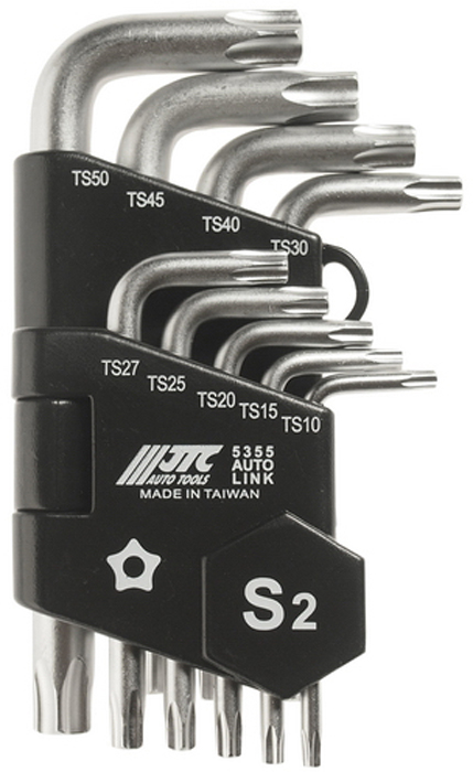 JTC Набор ключей TORX Г-образных Т10-Т50, 9 предметов. JTC-5355JTC-5355 JTC Набор ключей TORX Г-образных Т10-Т50, 9 предметов. JTC-5355JTC-5355Набор ключей ТS10, ТS15, ТS20, ТS25, ТS27, ТS30, ТS40, ТS45, ТS50 и Г-образным держателем 9 пр. JTCМатериал: Сталь - S2, поверхность посеребрянная. Размер: Тип - короткий (длина).