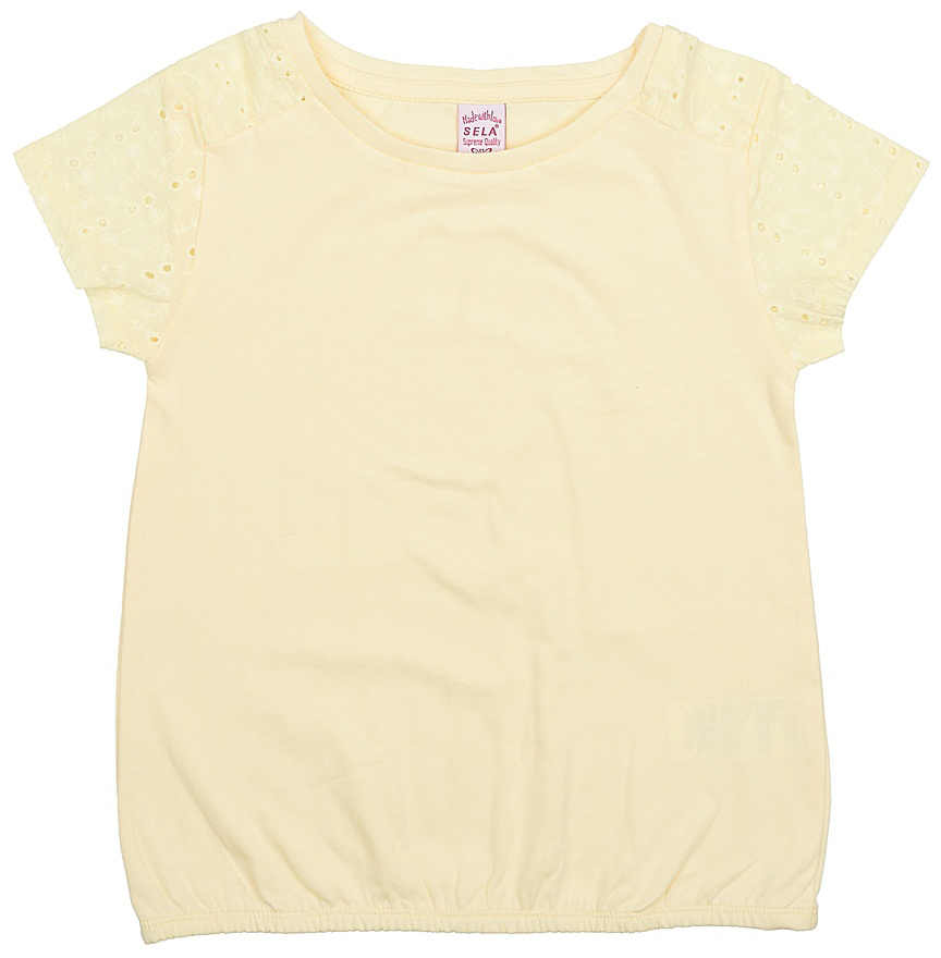 Футболка для девочки Sela, цвет: светло-желтый. Ts-611/982-7224. Размер 146, 11 летTs-611/982-7224 Футболка для девочки Sela, цвет: светло-желтый. Ts-611/982-7224. Размер 146, 11 летTs-611/982-7224Стильная футболка для девочки Sela выполнена из натурального хлопка. Модель прямого кроя с круглым вырезом горловины и короткими рукавами-реглан, оформленными вышивкой и перфорацией, подойдет для прогулок и дружеских встреч и будет отлично сочетаться с джинсами и брюками, а также гармонично смотреться с юбками. Низ изделия собран на резинку.