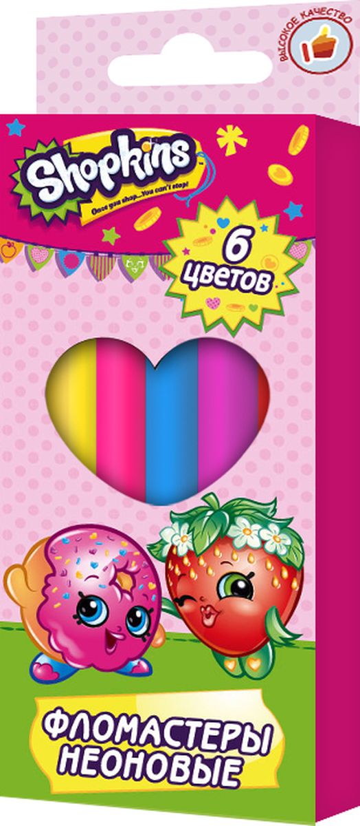 Shopkins Набор фломастеров Шопкинс неоновые 6 цветов31804 Shopkins Набор фломастеров Шопкинс неоновые 6 цветов31804Неоновые фломастеры ТМ Шопкинс, идеально подходящие для рисования и раскрашивания, помогут вашему ребенку создавать яркие, насыщенные картинки, а упаковка с любимыми героями будет долгое время радовать юную художницу. В набор входит 6 фломастеров с неоновыми цветами, утолщенным корпусом, удобным для детской ладошки, и безопасными вентилируемыми колпачками. Фломастеры изготовлены из материала, обеспечивающего прочность корпуса и препятствующего испарению чернил, благодаря этому они имеют гарантированно долгий срок службы: корпус не ломается, даже если согнуть фломастер пополам. Состав: ПВХ, пластик, чернила на водной основе. Срок годности: 2 года.