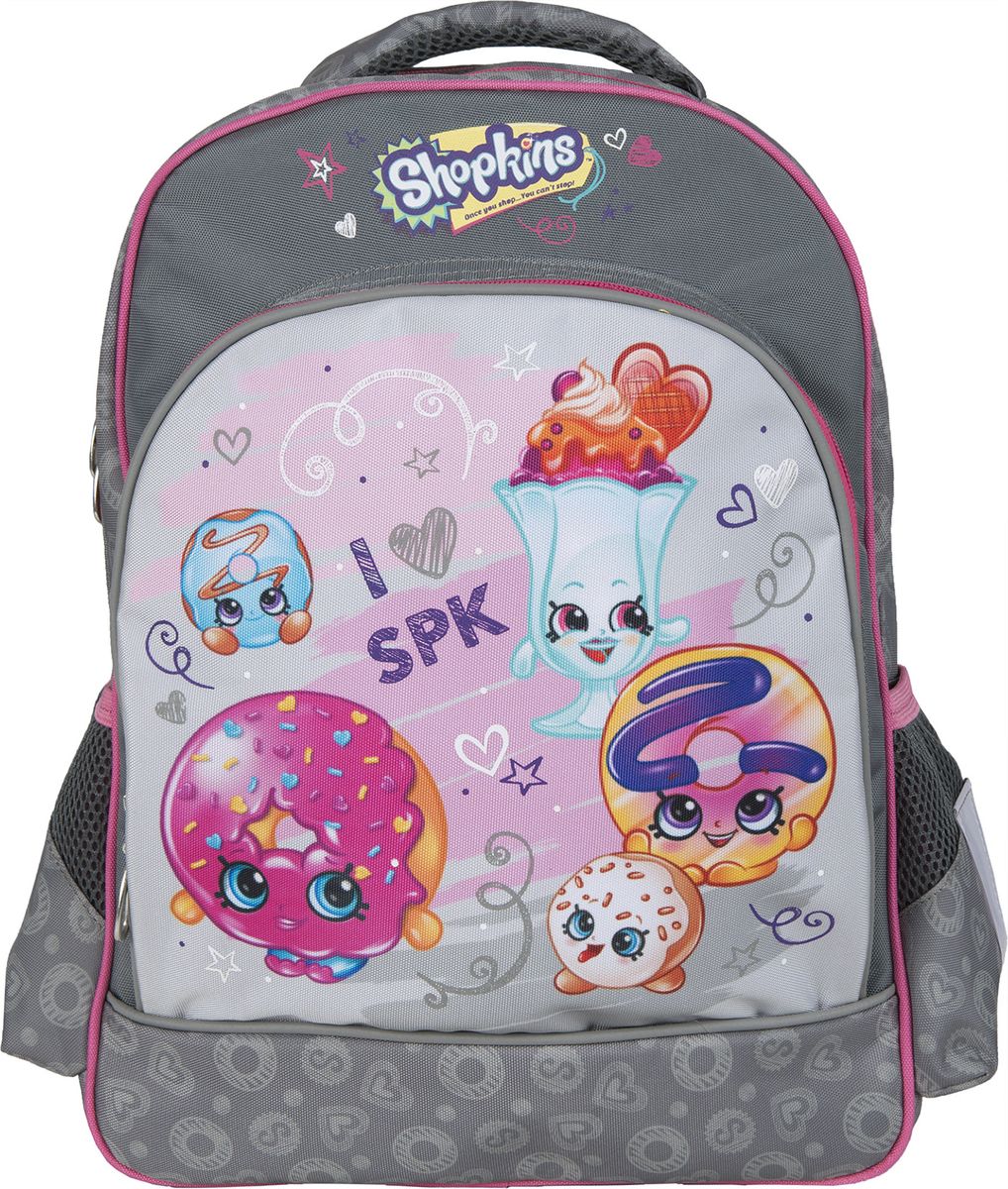 Shopkins Рюкзак Шопкинс цвет серый розовый 3238232382 Shopkins Рюкзак Шопкинс цвет серый розовый 3238232382Ортопедический рюкзак Шопкинс имеет легкий вес и компактный размер. Он имеет 2 объемных отделения на молнии, в каждом из которых по одному дополнительному отделению; большой передний карман с внутренним органайзером и карабином для ключей; 2 боковых сетчатых кармашка на резинках пригодятся для мелких предметов. Усиленная спинка, созданная по специальной технологии из дышащего плотного и мягкого поролона, равномерно распределяет нагрузку на позвоночник. Мягкие анатомические регулируемые лямки оберегают плечи ребенка от натирания. Светоотражающие элементы на лямках и боковых карманах делают ребенка заметнее на дороге в темное время суток, повышая его безопасность. Большая, мягкая ручка удобна для переноски рюкзака в руке и размещения на вешалке. Износостойкий, водонепроницаемый материал обеспечивает долгий срок службы изделия и сохраняет вещи сухими с сырую погоду. Аксессуар декорирован ярким и стойким принтом (сублимированной печатью и шелкографией).Порадуйте свою малышку таким замечательным подарком!