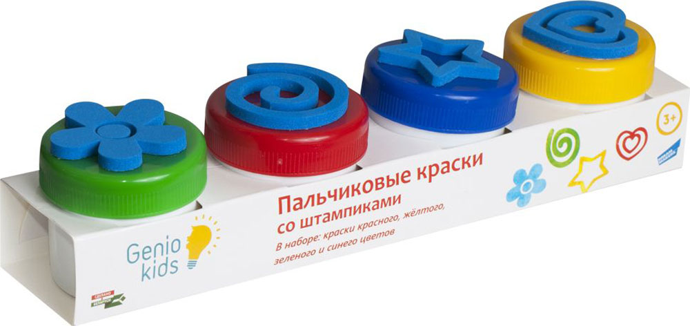 Genio Kids Краска пальчиковая со штампиками 4 цветаFP01 Genio Kids Краска пальчиковая со штампиками 4 цветаFP01Пальчиковые краски Genio Kids предназначены для рисования руками. Они безопасны для кожи ребенка и не содержат вредных компонентов. Красками можно рисовать на бумаге, стекле, картоне и многих других поверхностях, они не стекают, не капают и легко смываются с пальчиков обычной водой.Пальчиковые краски развивают мелкую моторику рук, воображение и дают ребенку возможность самовыражения в творчестве.В набор входят краски четырех цветов: синего, зеленого, красного, желтого и штампики.