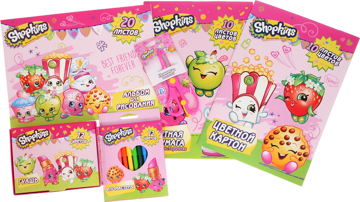 Shopkins Набор для детского творчества 6 предметов33349 Shopkins Набор для детского творчества 6 предметов33349Набор Shopkins содержит все необходимые предметы для детского творчества. Комплект состоит из альбома для рисования, фломастеров, цветной бумаги, цветного картона, ножниц и гуашевых красок.Все изделия украшены изображением героев мультфильма Шопкинсы.Порадуйте свою малышку таким замечательным набором!