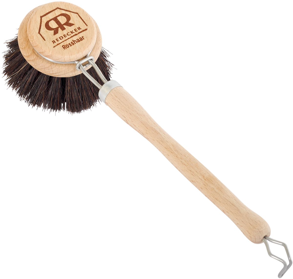 Щетка для мытья посуды Redecker, мягкая щетина, диаметр 5 см320650 Щетка для мытья посуды Redecker, мягкая щетина, диаметр 5 см320650Щётка для мытья посуды, сделанная из необработанной древесины бука и мягкой щетины из темного конского волоса. Идеально подходит для ежедневного мытья тарелок, чашек и столовых приборов. Удобная длинная ручка позволит избежать ненужного контакта рук с химическими чистящими средствами и водой. Металлическое кольцо на конце - для вертикального хранения щётки. Конский волос - это один из основных материалов для любого изготовителя щеток. Для получения щетины обычно используют волосы с хвоста или гривы. Поскольку конский волос содержит большое количество кератина, он устойчив к воздействию кислот и щелочей, что необходимо для любой щётки для уборки. Также конский волос отличается усточивостью к разрывам и повышенной упругостью. Таким образом, даже при частом использовании щётки с чистящими и абразивными веществами, риск того, что щетина испортится или деформируется, сводится к нулю.Диаметр щетины - 5 см.