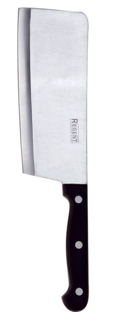Нож-топорик Regent Inox "Forte" изготовлен из высококачественной нержавеющей стали. Острое лезвие ножа имеет ровную поверхность и выверенный угол заточки. Специальная закалка металла обеспечивает повышенную прочность. Сбалансированность ножа обеспечивает приложение минимальных усилий при резке. Лезвие ножа не впитывает запахи и не оставляет запаха на продуктах.   Оригинальная и практичная ручка выполнена из бакелита.   Нож имеет толстое широкое лезвие, центр тяжести смещен вперед. Используется для разрубания замороженного мяса с костями или птицы. Такой нож-топорик займет достойное место среди аксессуаров на вашей кухне. Характеристики:  Материал: нержавеющая сталь 18/10, бакелит. Общая длина ножа-топорика: 29 см. Длина лезвия: 16,5 см. Артикул: 93-BL-8.