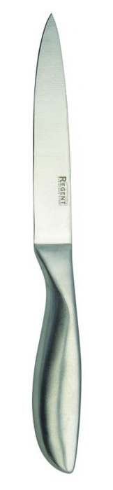 Универсальный нож Regent Inox "Luna" изготовлен из высококачественной нержавеющей стали. Острое прочное лезвие ножа имеет ровную поверхность и выверенный угол заточки. Специальная закалка металла обеспечивает повышенную прочность. Сбалансированность ножа обеспечивает приложение минимальных усилий при резке. Лезвие ножа не впитывает запахи и не оставляет запаха на продуктах.  Оригинальная и практичная ручка выполнена из первоклассной нержавеющей стали.  Легкий и многофункциональный нож для резки небольших овощей и фруктов, колбасы, сыра, масла. Имеет неширокое лезвие, острие сцентрировано. Такой нож займет достойное место среди аксессуаров на вашей кухне. Характеристики:Материал: нержавеющая сталь 18/10. Общая длина ножа: 22 см. Длина лезвия: 12,5 см. Артикул: 93-HA-5.
