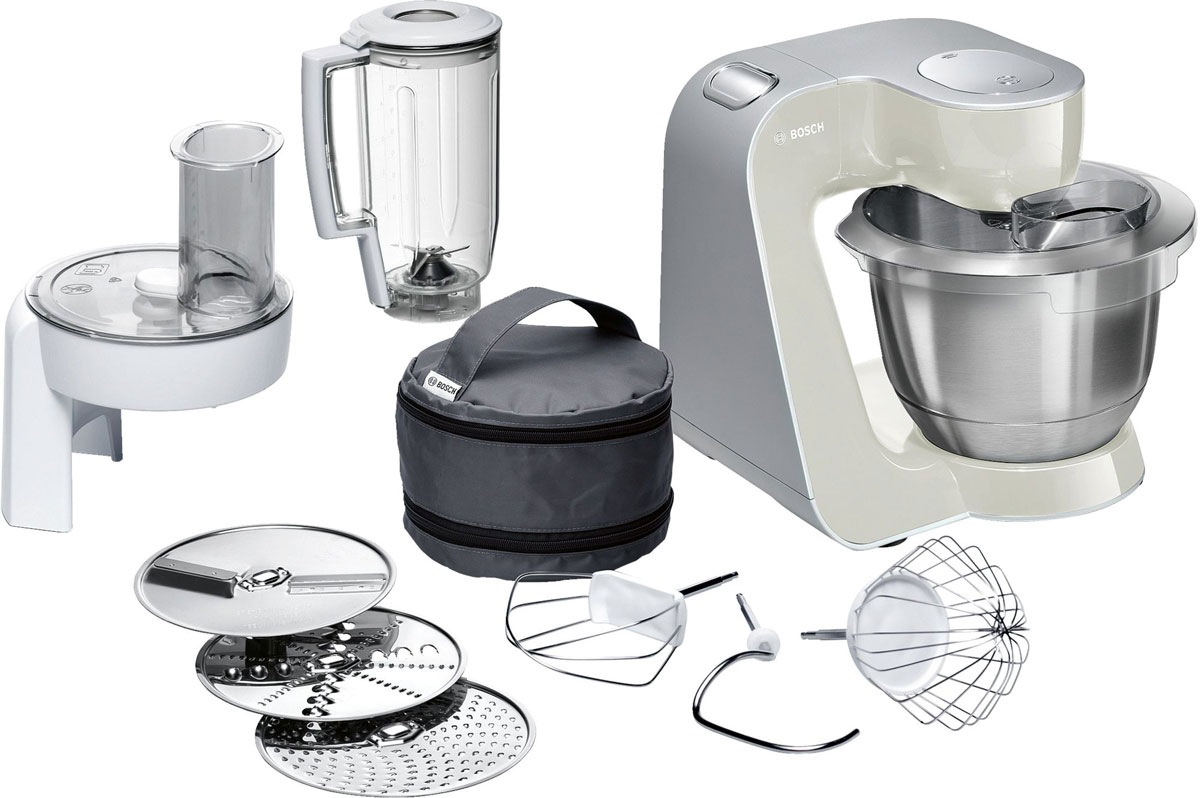 Bosch MUM58L20 кухонный комбайнMUM58L20 Bosch MUM58L20 кухонный комбайнMUM58L20Bosch MUM58L20 - мощная кухонная машина с многосторонними возможностями для готовки и выпечки.Данная модель легко обрабатывает большие количества ингредиентов (до 1 кг муки плюс ингредиенты) благодаря мощному мотору 1000 Вт.Отличное качество замеса теста благодаря особой форме внутренней поверхности чаши и благодаря планетарному вращению насадок в трех плоскостях 3D. Возможно замесить до 2,7 кг легкого теста/ 1,9 кг дрожжевого теста.Прибор просто и удобно использовать благодаря функции автоматического поднятия рычага EasyArmLift. Функция автопарковки упрощает процесс смены насадок.Особую многофункциональность обеспечивают высококачественные кондитерские насадки (венчик для взбивания, венчик для смешивания, насадка для замешивания теста) и долговечный измельчитель с тремя дисками для разных типов измельчения: измельчения, шинковки и нарезки и блендер.Прибор легко чистить благодаря гладкой поверхности. А насадки можно мыть в посудомоечной машине.