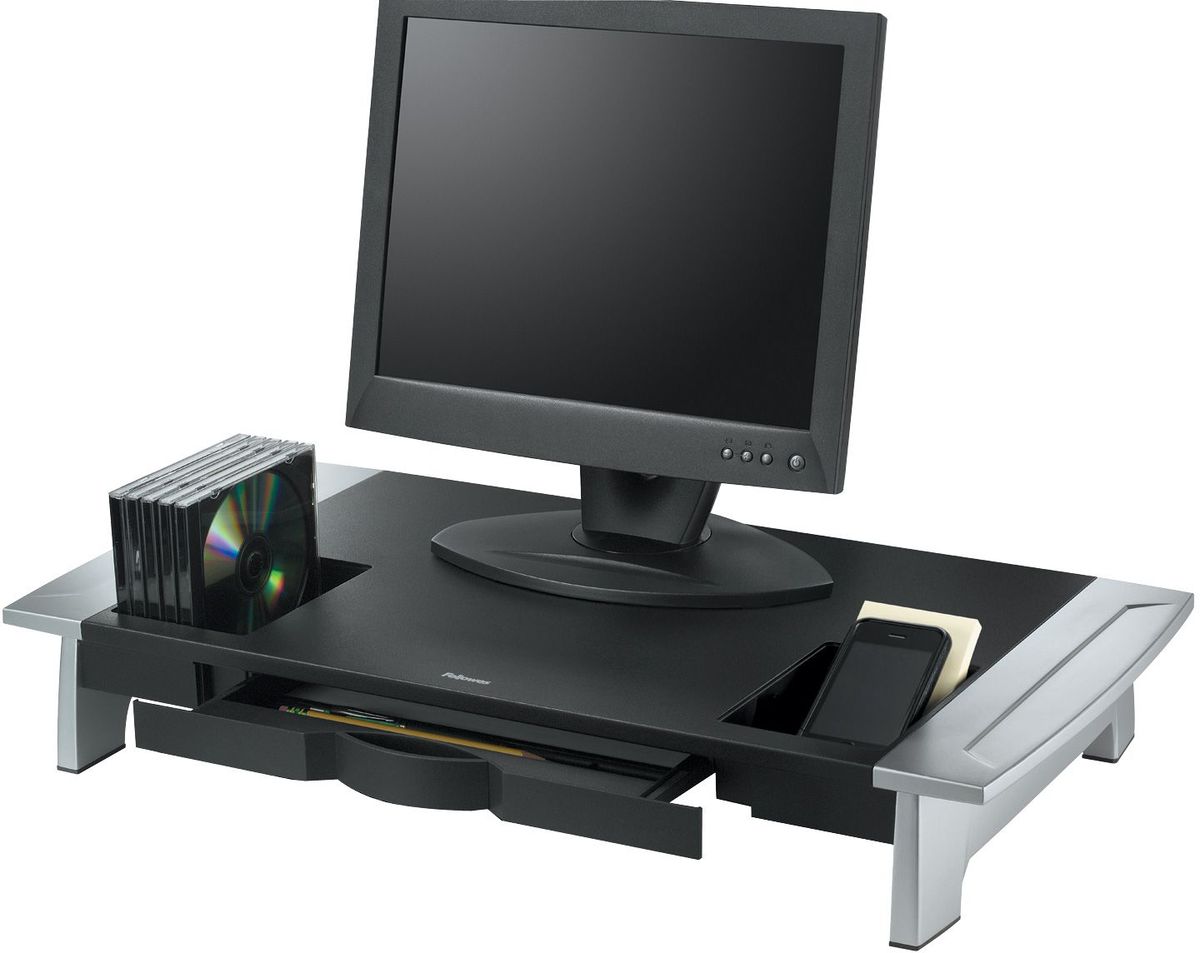 Fellowes Office Suites Premium подставка под мониторFS-80310 Fellowes Office Suites Premium подставка под мониторFS-80310Подставка под монитор FS-80310 обеспечивает эффективную организацию рабочего пространства. Для экономии места клавиатура может быть убрана под подставку. Имеется выдвижной ящик для бумажных документов, подставка для кружки и отделение для хранения CD/DVD (8шт).