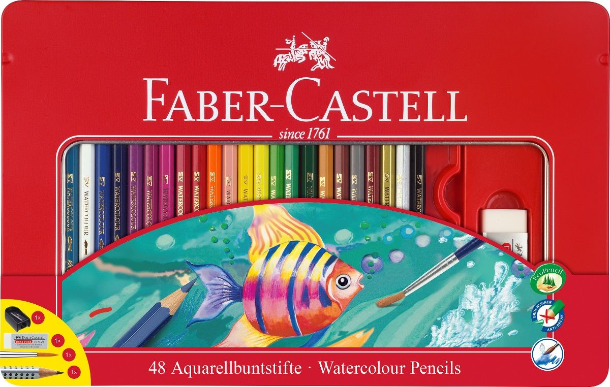 Faber-Castell Набор цветных акварельных карандашей Рыбки 48 цветов + Карандаш чернографитовый + кисточка + точилка + ластик115933 Faber-Castell Набор цветных акварельных карандашей Рыбки 48 цветов + Карандаш чернографитовый + кисточка + точилка + ластик115933Набор Faber-Castell Рыбки - акварельные карандаши наивысшего качества шестигранной формы.В наборе 48 ярких, насыщенных цветов, чернографитный карандаш, кисточка, точилка и ластик. Специальная технология вклеивания (SV) предотвращает поломку грифеля, толщина грифеля 3 мм. Отстирываются с большинства обычных тканей, покрыты лаком на водной основе - бережным по отношению к окружающей среде и здоровью детей. Качественная древесина - гарантия легкого затачивания при помощи стандартных точилок.