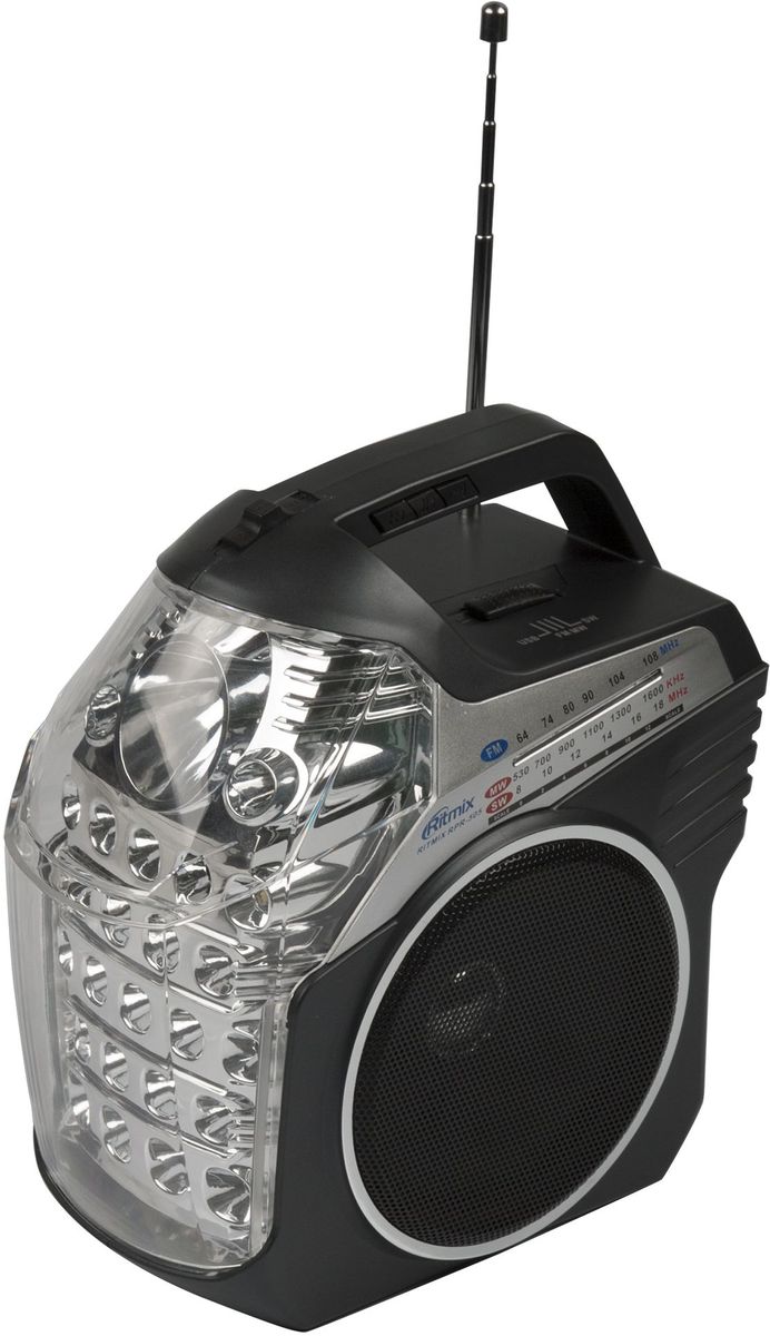 Ritmix RPR-505 радиоприемник15118566 Ritmix RPR-505 радиоприемник15118566Радиоприемник RITMIX RPR-505. Двойной светодиодный фонарь. Три диапазона приёма:FM диапазон (64–108 МГц)КВ диапазон (8–18 МГц)СВ диапазон (530–1600 кГц). Три источника питания:встроенный аккумулятортри батарейки R20 сеть 220 В. USB/SD.
