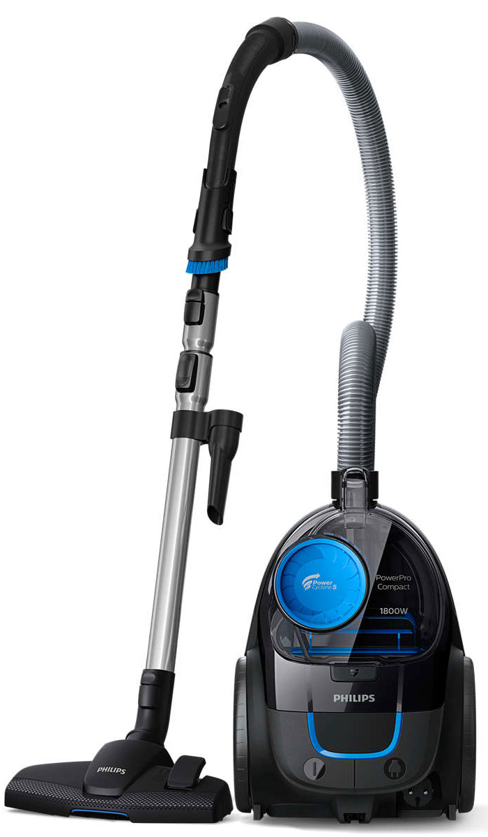Philips FC9350/01 PowerPro Compact безмешковый компактный пылесосFC9350/01 Philips FC9350/01 PowerPro Compact безмешковый компактный пылесосFC9350/01Пылесос Philips PowerPro Compact обеспечивает впечатляющие результаты уборки благодаря технологии PowerCyclone 5 и насадке MultiClean. Конструкция пылесборника создана для гигиеничной очистки. Мотор 1800 Вт обеспечивает высокую мощность всасывания и гарантирует отличные результаты уборки.Технология PowerCyclone 5 усиливает воздушный поток и повышает эффективность, мгновенно отделяя пыль от воздуха. Идеальный результат обеспечивается за счет одновременного выполнения следующих действий: 1) благодаря своей конструкции, воздухозаборник PowerCyclone всасывает воздух с большой скоростью; 2) быстрая циркуляция воздуха обеспечивает эффективное отделение воздуха и оседание частичек пыли в циклонической камере; 3) воздух выходит из камеры через лопасти, которые эффективно отделяют пыль от воздуха, направляя ее в контейнер.Насадка MultiClean гарантирует тщательную очистку всех типов напольных покрытий. Она плотно прилегает к полу и собирает даже самую мелкую пыль.В ручку этого пылесоса встроена удобная мягкая щетка для пыли — она всегда готова к использованию.Элементы соединения ActiveLock обеспечивают удобную установку и отсоединение различных насадок и аксессуаров от телескопической трубки.Легкая и компактная конструкция обеспечивает удобное перемещение прибора во время уборки. Большие задние колеса обеспечивают плавное движение.Гофрированный фильтр EPA с большой поверхностью отличается высокой очищающей способностью. Фильтр собирает мелкие частицы пыли, а благодаря циклонной системе он долго не засоряется и обеспечивает отличные результаты на протяжении длительного срока.