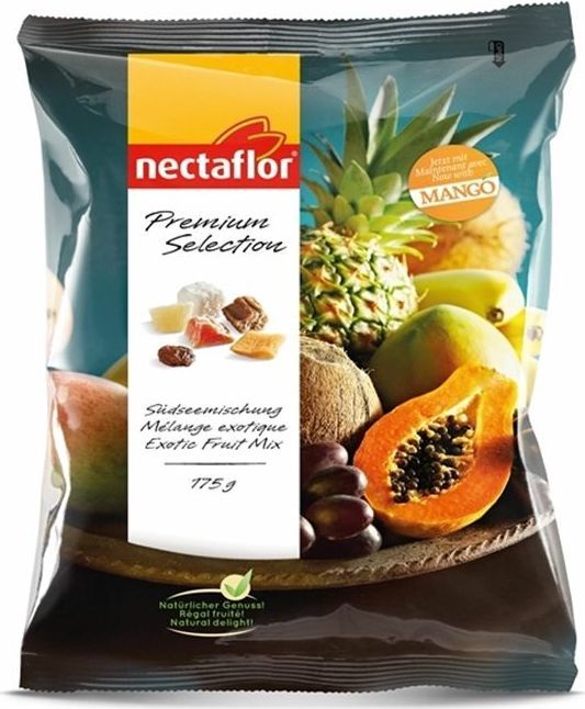 Nectaflor смесь экзотических сухофруктов, 175 г542019 Nectaflor смесь экзотических сухофруктов, 175 г542019Ароматная экзотическая смесь покрытых сахаром ананасов, папайи, манго, жареных бананов, нарезанных кубиками кокосов и изюма. Богатая вкусом сочная смесь – идеальная закуска, а также отличная добавка к кашам и йогуртам.