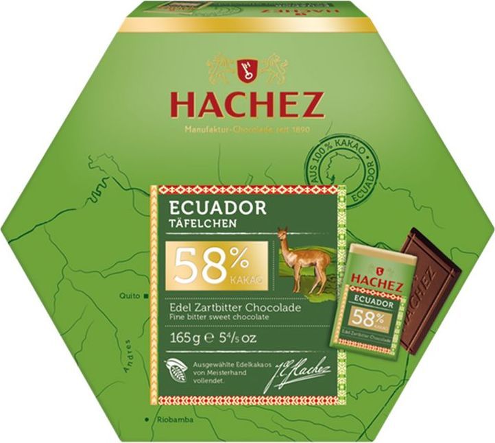 Hachez набор конфет Эквадор 58%, 165 гК13032 Hachez набор конфет Эквадор 58%, 165 гК13032Набор конфет Эквадор 58% - коллекция премиального шоколада, созданного из уникального сорта какао бобов. Белки - 7 г, углеводы - 37 г, жиры - 45 г.
