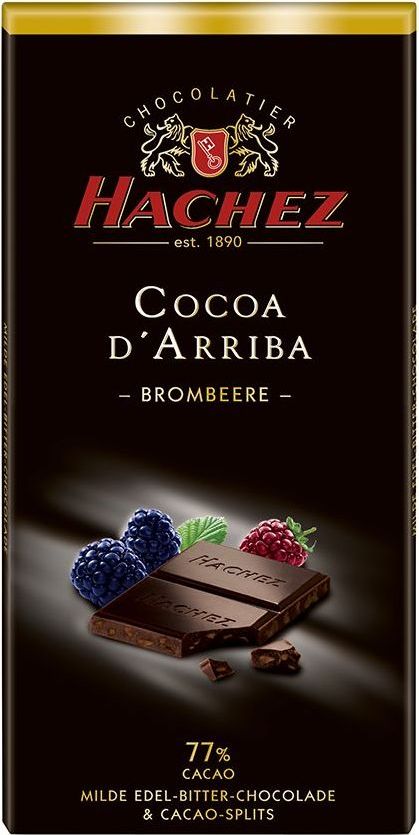 Hachez шоколадная плитка с ежевикой 77%, 100 гК21426 Hachez шоколадная плитка с ежевикой 77%, 100 гК21426Шоколадная плитка с ежевикой - терпкий и нежный вкус шоколада с содержанием какао 77%, намного нежнее по сравнению с другими плитками - представителями сегмента горького шоколада, с добавление компонентов - кусочки ягод ежевики.
