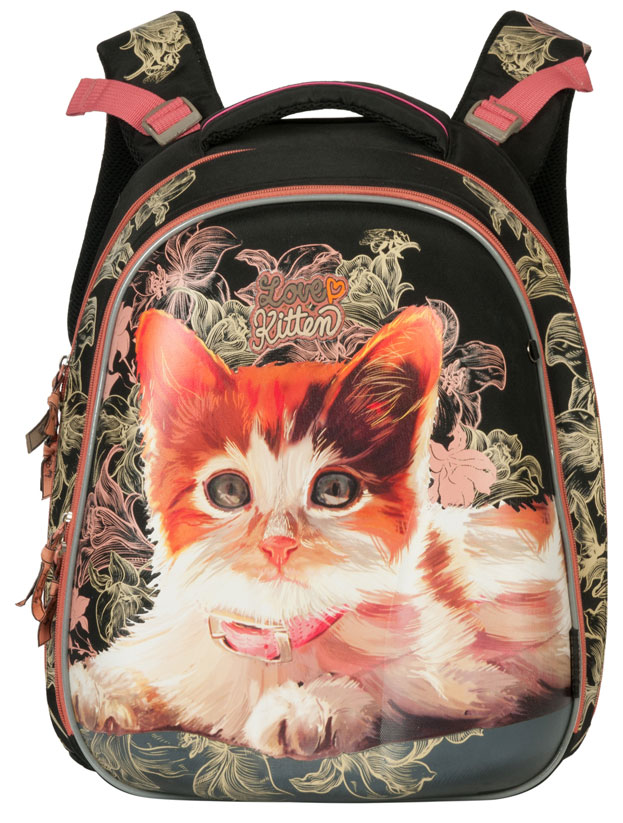 Grizzly Ранец школьный Love KittenRA-779-1/1 Grizzly Ранец школьный Love KittenRA-779-1/1Школьный ранец Grizzly Love Kitten - это красивый и удобный ранец, который подойдет всем, кто хочет разнообразить свои школьные будни. Ранец выполнен из плотного нейлона с покрытием из водонепроницаемого материала и оформлен оригинальным изображением в виде кошечки.Ранец имеет два основных вместительных отделения на застежках-молниях. В первом отделении расположены две мягкие перегородки для тетрадей и учебников. Во втором отделении имеются два сетчатых кармана - открытый и на молнии, карман под клапаном с липучкой под мобильный телефон, четыре кармашка под канцелярские принадлежности и лента с карабином для ключей.На лицевой стороне ранец оснащен металлической петлей для подвешивания брелоков. Ранец имеет удобную ручку для переноски.Широкие регулируемые лямки и сетчатые мягкие вставки на спинке ранца предохранят мышцы спины ребенка от перенапряжения при длительном ношении. Высота посадки лямок может регулироваться благодаря специальным приспособлениям на спинке ранца.Ранец имеет легкую и устойчивую конструкцию.Ранец декорирован брелоком-куколкой. Многофункциональный школьный ранец станет незаменимым спутником вашего ребенка в походах за знаниями.