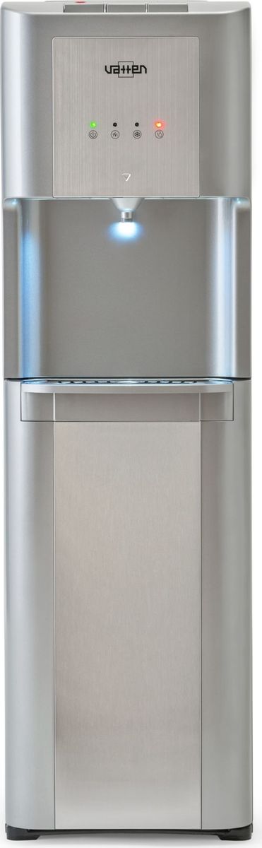 Vatten L48 SK, Silver кулер для воды3479 Vatten L48 SK, Silver кулер для воды3479Классический кулер Vatten L48 с нижней загрузкой бутыли. Верхняя и передние панели изготовлены из высококачественного, окрашенного пластика. По центру передних панелей имеются вставки из матированной нержавеющей стали. Боковые панели металлические. Один кран, управление разливом воды при помощи трёх кнопок (горячая, холодная и вода комнатной температуры). Баки горячей и холодной воды из нержавеющей стали. Кран горячей воды имеет защиту от детей. Четыре LED индикатора - включение питания, индикатор нагрева, индикатор охлаждения, индикатор низкого уровня воды в бутыли. Пригоден для эксплуатации в очень жарком климате - температура эксплуатации кулера от 10 до 38 градусов Цельсия.