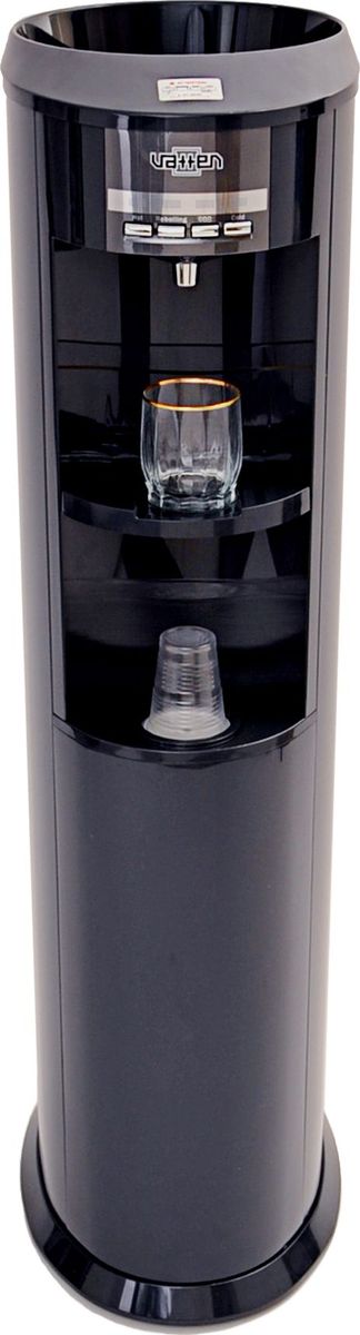 Vatten V803 NKDG кулер для воды, Black4106 Vatten V803 NKDG кулер для воды, Black4106Изящный кулер для воды уровня VIP, изготовлен в Корее. Напольный. Компрессорный. С функцией газации воды (сатуратор). Без шкафчика. Для дома. Для офиса.Цвет корпуса черный, бутылеприёмник, а также передняя и верхняя панели изготовлены из высококачественного, устойчивого к ультрафиолету ABS пластика, боковые панели металлические с полимерным покрытием.Один кран, управление кнопками. Подсветка зоны раздачи воды (ЛАМПА НАСТРОЕНИЯ). Раздача горячей, холодной, холодной газированной воды. Использует одноразовые баллоны с газом (одного баллона достаточно для приготовления до 120 л. газированной воды). Функция Reboiling для экcпресс-нагрева горячей воды до 95 С. Функция защита от детей. Встроенный подстаканник. Четыре LED индикатора (индикатор нагрева, индикатор охлаждения, индикатор готовности системы газирования, индикатор включения фукции Reboiling).Баки горячей и холодной воды из нержавеющей стали. Высокая энергоэффективность. Климатический класс SN (температура эксплуатации кулера от 10 до 32 градусов Цельсия).