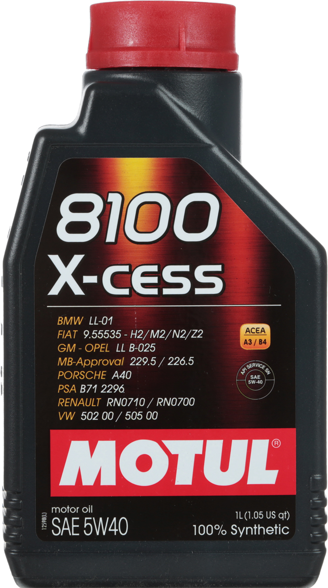 Масло моторное Motul 8100 X-Cess, синтетическое, 5W-40, 1 л102784 Масло моторное Motul 8100 X-Cess, синтетическое, 5W-40, 1 л102784100% синтетическое моторное масло для бензиновых и дизельных двигателей. Высокотехнологичное 100% синтетическое моторное масло, специально разработано для современных двигателей легковых автомобилей обладающих большой мощностью и объемом, для бензиновых и дизельных двигателей с непосредственным впрыском, оснащенных системами нейтрализации отработанных газов. 8100 X-cess 5W-40 - имеет многочисленные допуски автопроизводителей, что позволяет применять его в гарантийный период. Применяется в двигателях, работающих на всех сортах бензина, дизельного и газового топлива (LPG). ACEA Стандарты: ACEA A3/B4API Стандарты: API SN/CFОдобрения: OPEL GM LL-B-025; MB-Approval 229.5; BMW LL-01; PORSCHE A40; VW 502 00/505 00; Renault RN 0710/0700; GM-Opel LL B-025 (Diesel); FIAT 9.55535-H2; FIAT 9.55535-M2; FIAT 9.55535-N2; FIAT 9.55535-Z2; PSA B71 2296.