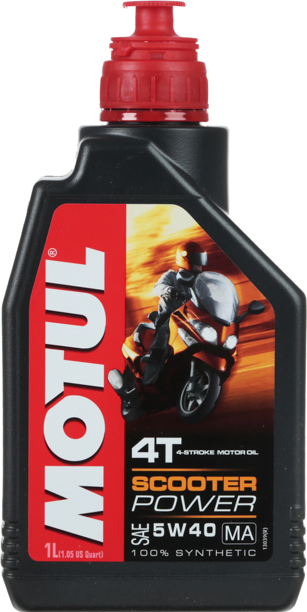 Масло моторное Motul Scooter Power 4T, синтетическое, 5W-40, 1 л105958 Масло моторное Motul Scooter Power 4T, синтетическое, 5W-40, 1 л105958Высокотехнологичное масло для 2-х тактных двигателей мотороллеров оснащенных системой впрыска топлива.100% синтетика. С пониженной дымностью. Предназначено для всех мотороллеров: городских, спортивных, восстановленных, которые оснащены 2-х тактными двигателями с прямым впрыском или карбюратором. Может применяться в системах с непосредственной подачей масла или предварительно смешиваться с топливом. Может применяться с этилированным и неэтилированным бензином. Совместим с каталитическими нейтрализаторами. API Стандарты: API TCJASO Стандарты: JASO FC - 033MOT046Одобрения: ISO-L-EGC